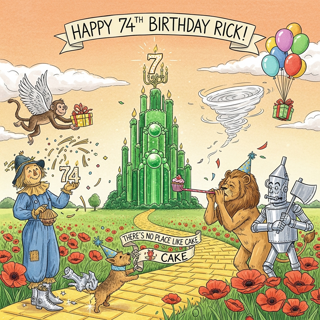 At the top of the Illustration Style image, Happy 74th Birthday Rick!

Hand-drawn, fine linework and textured brush strokes, warm expressive palette (honeyed yellows, emerald greens, apricot sky). A Wizard of Oz–inspired funny birthday scene: the Yellow Brick Road curls through poppy fields toward the Emerald City reimagined as a towering emerald layer cake, its frosting sparkling and candle-towers shaped like a big 7 and 4. Foreground: a traveler mid-heel-click in sparkling silver shoes; a tiny terrier in a party hat tugs a ribbon banner that reads: There’s no place like cake. To the left, a cheerful scarecrow tosses straw confetti and brandishes a “74” candle; to the right, a gleaming tin woodman wields an axe-shaped cake server while a bashful lion tries to blow out a cupcake with an absurdly long party blower. Overhead, a friendly winged monkey swoops in with a wrapped gift; a gentle, cotton-candy twister swirls balloons and streamers. Balanced composition, whimsical expressions, subtle cross-hatching, watercolor-like washes, golden-hour glow; keep the top text hand-lettered and wind-swept, and the banner text small and integrated into the scene.
Generated with these themes: Wizard of Oz, and .
Made with ❤️ by AI.