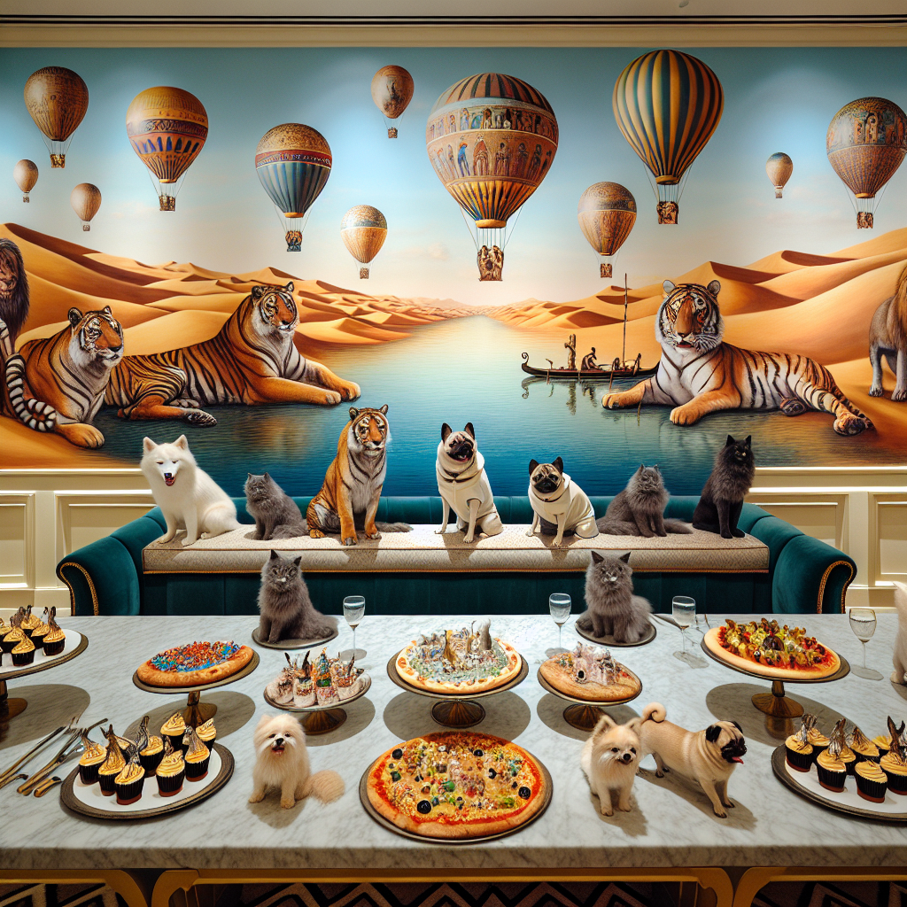 Imagine a room that blends elements of reality with whimsy. The walls are adorned with a mural of the Nile River, with an unlikely sight of tigers lounging by its banks. Above, rendered in an exaggerated, cartoon style, cats float like air balloons. They are held by leashes controlled by dignified huskies and pugs, the dogs cleverly costumed to resemble Egyptian deities. Dominating the center of the room is a buffet table. The table is crowned with cupcakes with golden icing that sparkles as if reflecting a desert sun, and pizzas festooned with unusual toppings that reflect the varied wildlife of the Egyptian wilderness.
Generated with these themes: Cats, Huskies, Pugs, Egypt, Tigers, Cupcakes, and Pizza.
Made with ❤️ by AI.