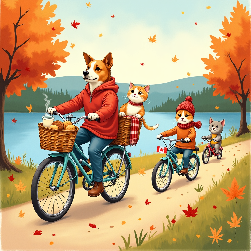 Portrait illustration, cute and cozy: Along a golden-hour lakeside path in Canada, a merry convoy of cats and dogs—including tiny kittens and puppies—pedal colorful bicycles and tricycles. A calm dog and a mischievous cat lead on a tandem, with a plaid blanket and a thermos of tea strapped to the rear rack. Wicker baskets on the handlebars brim with steaming mugs of tea (little tag labels fluttering) and Canadian snacks: butter tarts, Nanaimo bars, and maple-leaf cookies. Maple and spruce trees frame the scene; red and gold maple leaves drift like confetti. Tiny pennant flags with red maple leaves flutter from the bikes; paw-print tire tracks loop along the path. A puppy in a knitted toque with a maple-leaf patch rides a sky-blue bike; a tabby kitten on a mint trike wears a red scarf and rings a tiny bell. Calm lake, distant evergreens and gentle hills in the background; warm sunlight, soft long shadows, and a breezy swirl of steam from the tea cups. Balanced composition with generous sky and negative space above the riders, 3/4 view, slightly elevated perspective, portrait orientation.

Small hand-lettered caption at the bottom (one line, playful): “You wheelie made us purr & wag — thanks, eh!”

Style: hand-drawn illustration with fine ink linework, textured brush strokes, watercolor-style washes, subtle paper grain, warm expressive palette (maple red, honey gold, spruce green, robin’s-egg blue, cream). Soft vignette, round expressive faces, no photorealism, minimal integrated text.
Generated with these themes: Cats, Dogs, Kittens, Puppies, Cycling, Tea , Snacks, Canada , and .
Made with ❤️ by AI.