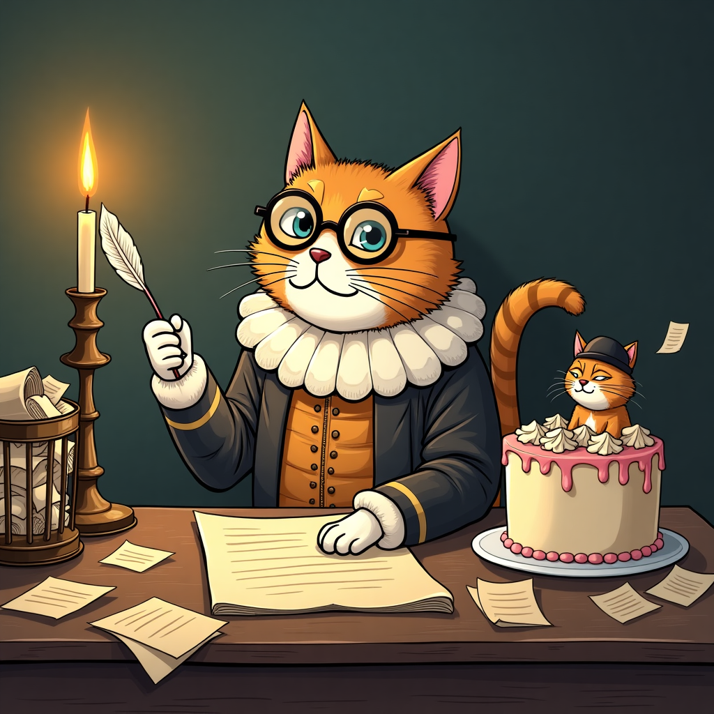 **Image Prompt:**  
A whimsical cartoon illustration of a cat that looks strikingly like William Shakespeare — complete with a fluffy ruff collar, tiny round spectacles perched on its nose, and a luxurious Elizabethan doublet tailored for feline flair. The Shakespearean cat is seated dramatically at an old wooden desk covered in scrolls and quill pens, one paw thoughtfully holding a feather quill in the air while the other hovers above a parchment (no readable text). A flickering candle nearby illuminates the scene, casting dramatic shadows as the cat squints in exaggerated concentration. A wastebasket overflows with crumpled paper, one even landing on a lounging tabby wearing a beret, acting as the “critic.” A birthday cake with unlit candles sits forgotten in the background as the cat ponders poetic brilliance. The overall tone is playful, silly, and delightfully absurd — perfect for a birthday laugh.
Generated with these themes: Cat that look like William Shakespeare, sitting at a desk writing a poetry. No readable text or writing should be visible anywhere on the card..
Made with ❤️ by AI.
