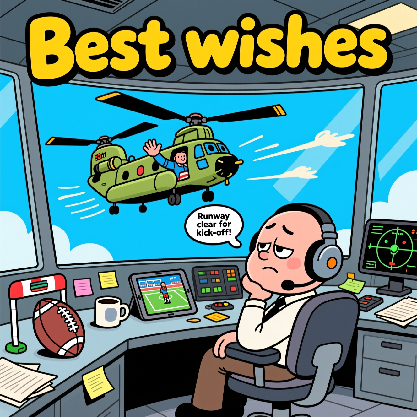 At the top of the Cartoon Style image, Best wishes

Playful, bright, exaggerated cartoon scene inside an air traffic control tower with huge wraparound windows and a vivid blue sky. Outside, a chunky twin-rotor Chinook helicopter hovers comically close, rotors whooshing with big motion lines, the pilot leaning out and waving goodbye. Inside, a bored air traffic controller with a big head, droopy eyelids, and an oversized headset slumps in a swivel chair, chin in hand, dramatically bored. They’re sneakily transfixed by a small tablet on the console showing a rugby match mid-try; a rugby-ball coffee mug, mini goalpost sticky notes, and scattered paperwork swirl in the rotor draft. The radar screen accidentally displays a rugby pitch instead of blips. Thick black outlines, bright saturated colors, and whimsical, energetic poses throughout. Full-bleed, large scene with lively details.

Place “Best wishes” at the very top in big bubbly letters with a chunky outline and subtle drop shadow over the open sky, leaving the rest of the artwork text-light.

Add a small speech/thought bubble from the controller with one cheeky line: “Runway clear for kick-off!”
Generated with these themes: Sitting bored in an Air traffic control tower, Distracted by rugby, Chinook helicopter, and .
Made with ❤️ by AI.