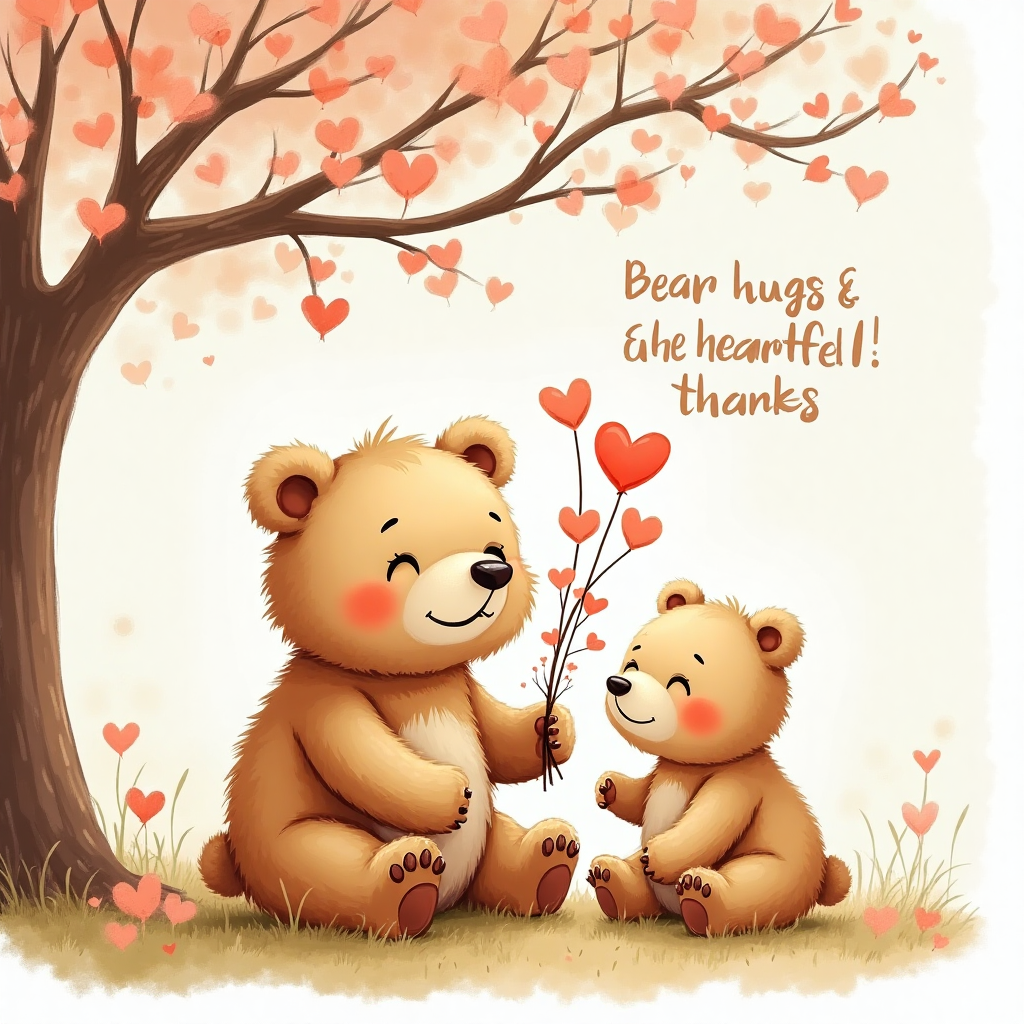 ### Image Prompt

Imagine a charming scene where a pair of fluffy bears, one larger and one smaller, are sitting together under a whimsical tree adorned with heart-shaped leaves. The larger bear is holding a bundle of these heart leaves in its paw, gently offering them to the smaller bear. Both bears have warm, joyful expressions on their faces, their fur rendered with delicate, textured strokes. 

The background is a soothing blend of soft pastel colors, creating a serene atmosphere. In the corner of the image, add a playful, hand-drawn caption that reads: "Bear Hugs & Heartfelt Thanks!" in a flowing, friendly font that complements the illustration style.

The composition should feel balanced and inviting, emphasizing the theme of gratitude and affection.
Generated with these themes: Bears, Hearts, and .
Made with ❤️ by AI.