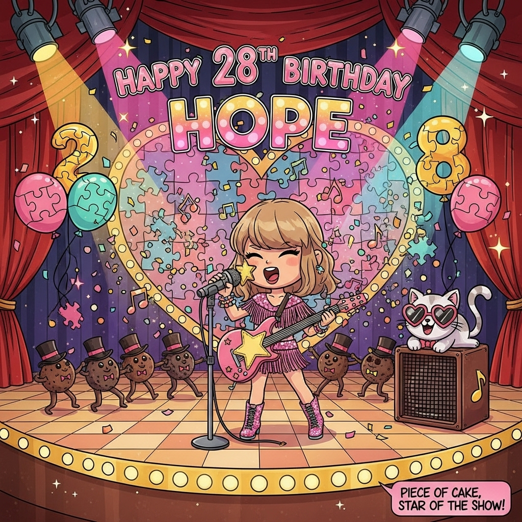 At the top of the Cartoon Style image, Happy 28th Birthday Hope

Cute, playful cartoon scene with thick black outlines and bright, saturated colors. Center stage: a Taylor Swift–inspired chibi pop star with blonde bangs, glittery pink fringe outfit and sparkly boots, belting into a star-shaped mic while strumming a chocolate-bar guitar. Her wrists are stacked with colorful friendship bracelets (one spells HOPE). She performs on a Broadway-style stage made of oversized chocolate squares, framed by glowing marquee bulbs and red velvet curtains. Around her, confetti of candy sprinkles and jigsaw puzzle pieces swirls into a big heart-shaped backdrop; musical notes float among the pieces. A chorus line of dancing chocolate truffles in tiny top hats and bow ties kicks in sync along the front of the stage. Puzzle-piece balloons shaped like “2” and “8” bob overhead. A cheeky cartoon cat in heart sunglasses lounges on a giant chocolate amp, tail curled like a treble clef. Lighting is lively and celebratory—rose, teal, and gold spotlights with glittery highlights—everything rendered with exaggerated proportions, glossy shading, and whimsical, energetic poses for maximum cuteness.

Render the top text as shiny, hand-lettered bubble letters with pink-and-gold gradient and little sparkles.

Add a small, cheeky caption at the bottom right: Piece of cake, star of the show!
Generated with these themes: Taylor Swift, Chocolate, Musicals, Puzzles, and .
Made with ❤️ by AI.