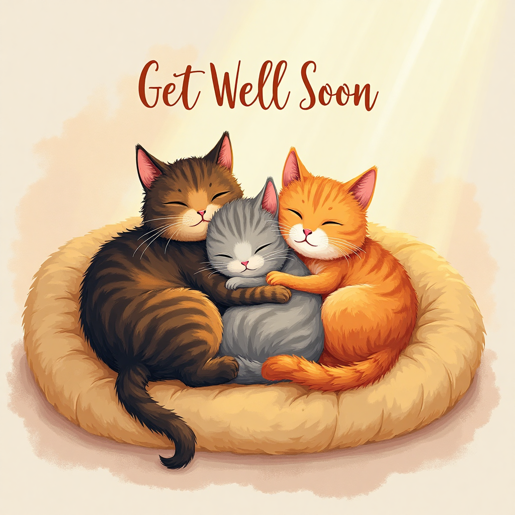 At the top of the Illustration Style image, "Get Well Soon!" 

**Image Prompt:**

Create an endearing scene featuring three cats—a tortoiseshell, a grey tabby, and a ginger tabby—nestled together on a cozy, plush blanket. The cats are gently curled up, radiating warmth and comfort. The tortoiseshell cat's fur swirls in a mosaic of rich ambers, browns, and blacks, while the grey tabby's soft stripes flow like gentle streams over its plush coat. The ginger tabby adds a vibrant splash of orange, its tail playfully draped over the others. Delicate, hand-drawn details capture the cats' serene expressions, their eyes closed in peaceful slumber. A soft beam of sunlight bathes the trio, adding a golden hue that enhances the scene's tranquility. The background features a subtle, textured wash of warm pastels, creating an atmosphere of gentle solace and hope.
Generated with these themes: Tortoiseshell cat and grey tabby cat and ginger tabby cat , and .
Made with ❤️ by AI.