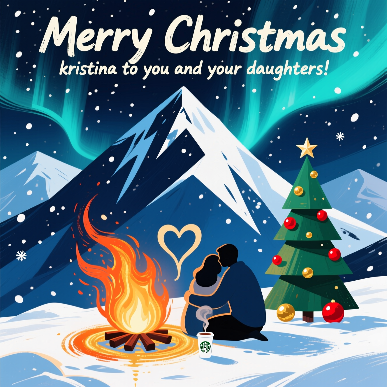 Mountain top,snow, Christmas tree,fire pit,small Starbucks cup, two people cuddling up to the fire, and Christmas Card