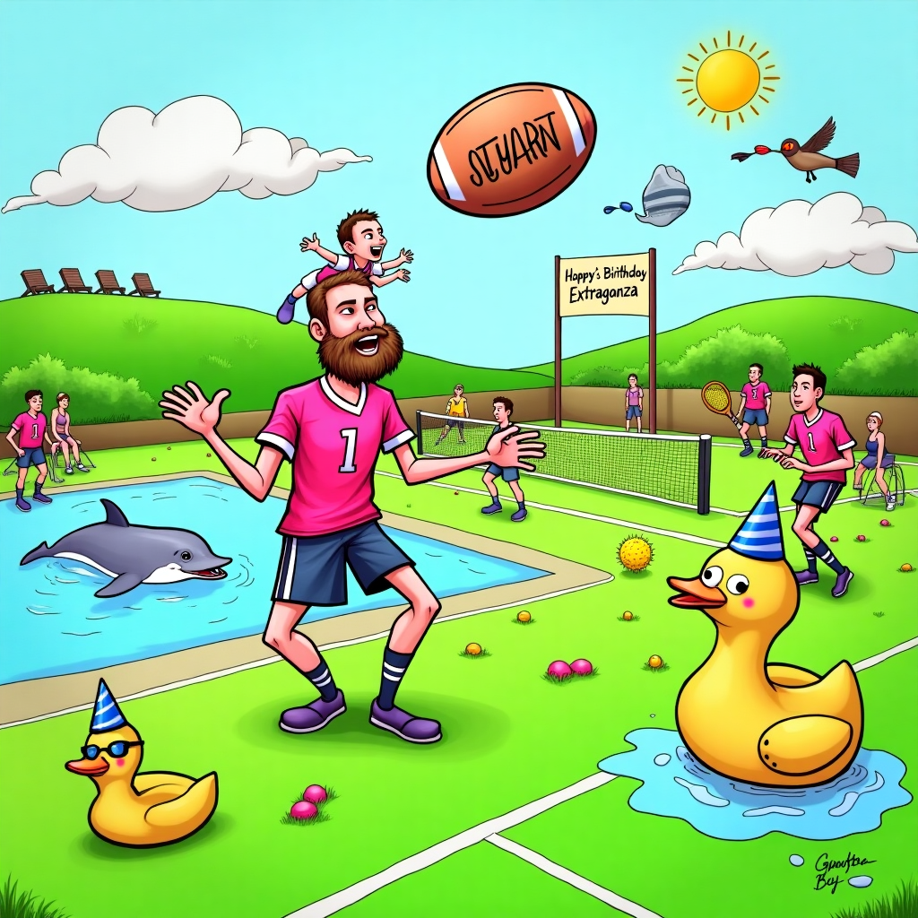 On the front cover of this delightfully whimsical birthday card, we see a bustling scene at a quirky sports complex where various sporting worlds have collided. At the foreground, a rugby pitch is animated with the excitement of a game in progress. The grass is vividly green, painted with white chalk lines marking the field. On the pitch, a towering, lanky man with a short, brown beard is hilariously juggling a rugby ball with a tiny, one-year-old boy perched cheerfully on his shoulders, both wearing oversized rugby jerseys with the number "1" printed on them.

In the midground, a padel tennis court adds to the chaos. Here, cartoonishly tall nets reach up into the sky, and players with exaggeratedly large rackets swat a tennis ball back and forth. The ball, however, seems to have a mind of its own, bouncing erratically between the rugby players and tennis enthusiasts. One of the players, distracted by the unusual game, serves the ball high into the air where it spells out "Happy Birthday Stuart" with a whimsical, cloud-like font before disappearing into a splash.

To the left of this organized pandemonium lies a sparkling blue swimming pool, complete with poolside sun chairs and a giant inflatable duck wearing a party hat floating lazily on the water. The water is illustrated with gentle, cartoon ripples, and a playful dolphin is popping its head out of the pool, cheekily wearing a pair of snorkeling goggles. A birthday cake, inexplicably waterproof and floating on its own little raft, displays Stuart’s name in colorful icing letters.

Above, a friendly sun wears shades, grinning down on the antics below, while a couple of birds fly by with party streamers trailing behind them. In the background, a rolling hillside provides a sense of depth and playfulness to the scene, and a whimsical banner strung between two fluffy clouds above reads, “Stuart's Birthday Extravaganza!” This dynamic, colorful tableau, bursting with humorous details and playful interactions, captures the fun and unexpectedness of Stuart's special day.
Generated with these themes: Rugby pitch, Patel tennis, Swimming pool, Tall Man with short brown beard, and 1 year old boy.
Made with ❤️ by AI.