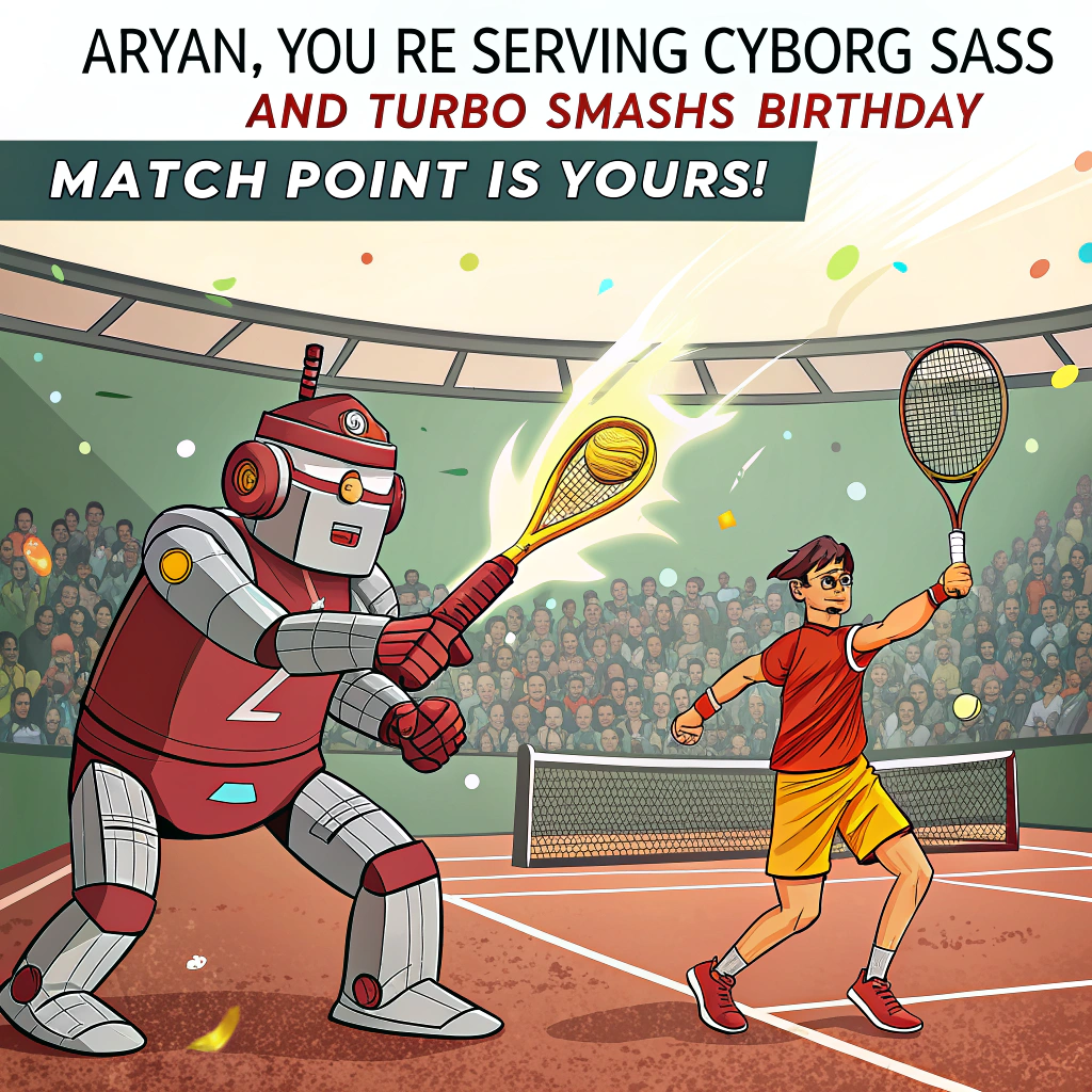 Robot wearing tshirt with "1520" logo playing Tennis with Iron man , Member of Audience is holding up a banner "Go Aryan!!", and A small group of students in the audience with banner "Go Travis!" Birthday Card