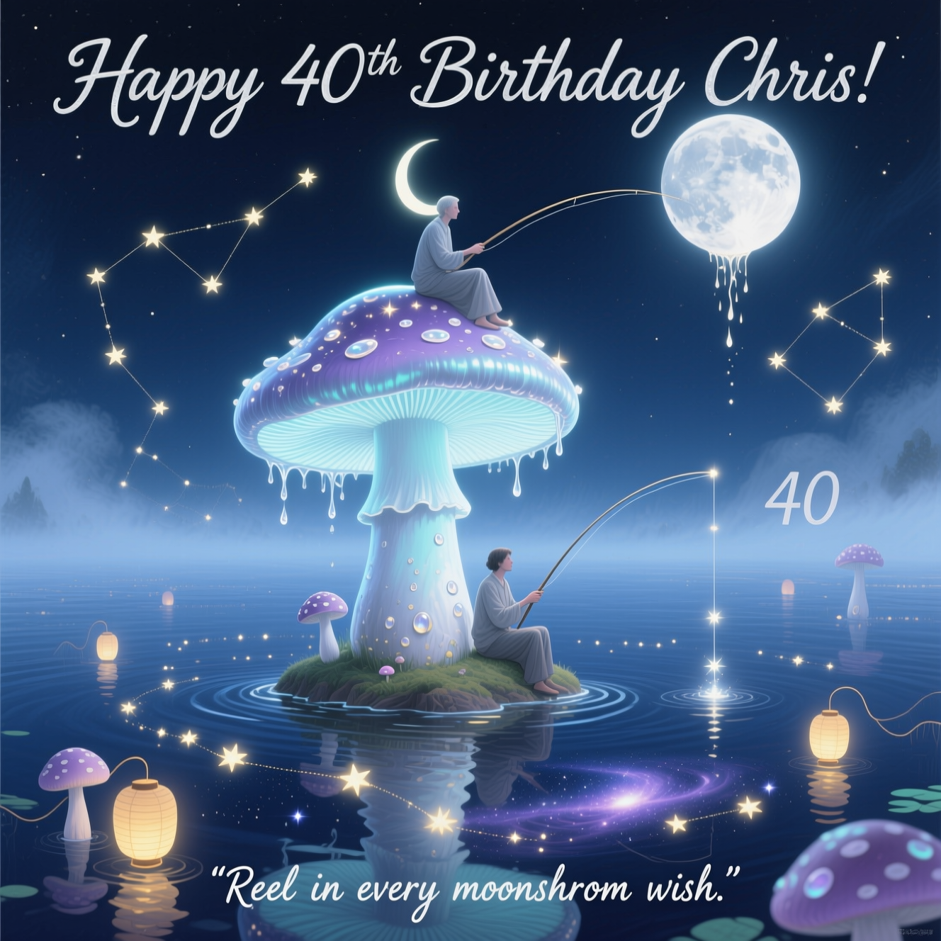 Mushroom fishing, moon, stars, and Birthday Card