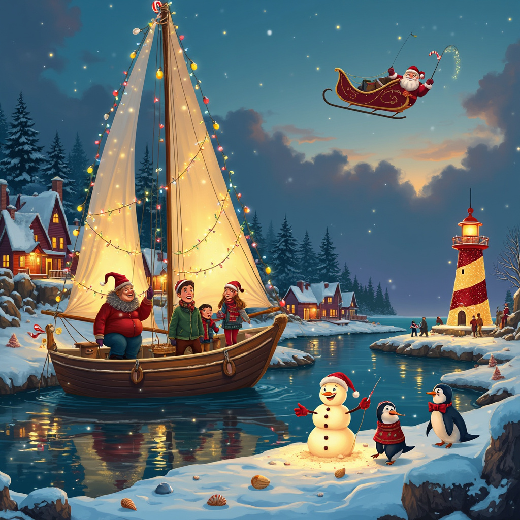Alright, imagine a snow-covered seaside village with quaint, colorful cottages adorned with twinkling Christmas lights. The scene is set at dusk, where the sky is a blend of soft purples and oranges, peppered with sparkling stars. 

Front and center is a large, beautifully decorated sailboat anchored close to the shore. The boat is festooned with strings of Christmas lights that reflect on the calm, icy waters, making the boat glow like a floating Christmas tree. The sails are down, and on them are hand-painted festive motifs like candy canes, snowflakes, and reindeer.

On the boat's deck, a family of cartoonish, lively characters dressed in cozy winter attire—think woolen hats with pom-poms, scarves with reindeer patterns, and mittens—are having a grand time. The dad, a rotund figure with a Santa hat, is hilariously tangled up in Christmas lights. The mom, a tall, slender woman in a green parka, is attempting to untangle him while laughing. A mischievous kid in a red snowsuit and earmuffs is holding a fishing rod with an ornament at the end instead of a hook, trying to catch floating ornaments in the water.

Near the boat, a group of children are building an elaborate sand-snowman hybrid, complete with seashells for buttons and a starfish for a nose. A cheeky dog with a red bow collar is playfully attempting to snatch the sand-snowman’s hat.

In the background, a couple of penguins wearing Christmas sweaters are trying to ice skate on a small frozen pond, wobbling hilariously. To the side, a lighthouse decorated like a giant candy cane beams its light warmly over the scene, guiding imaginary ships to the festive shore.

Above it all, Santa Claus can be seen waving from his sleigh as it soars across the sky, pulled not by reindeer, but by a team of enthusiastic dolphins wearing Santa hats.

This is a bustling, cheerful, and whimsical holiday scene that perfectly blends the themes of Christmas, sailboats, people, and fun.
Generated with these themes: sailboat, people, fun.
Made with ❤️ by AI.