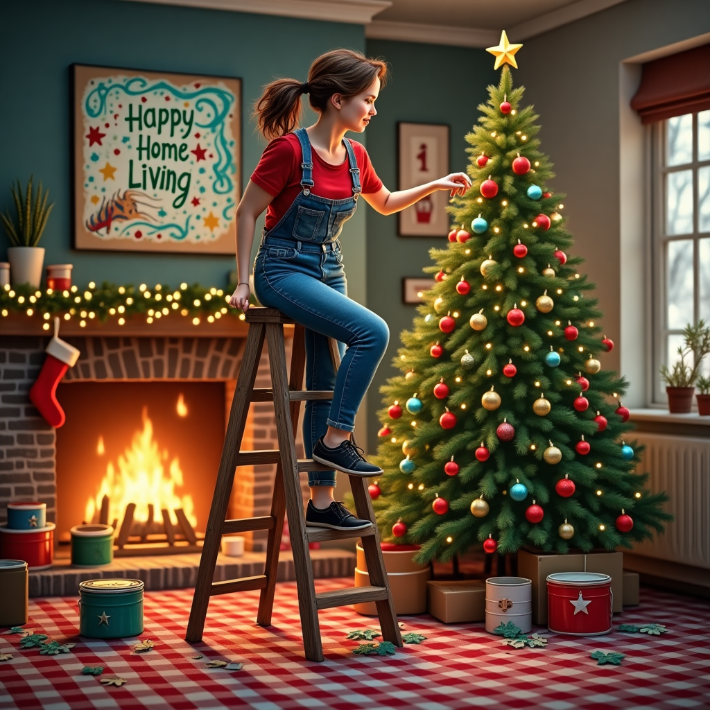 Female , Age 50, Painter and decorator, Step ladder , Wears dunagrees, and Brown hair in ponytail Christmas Card