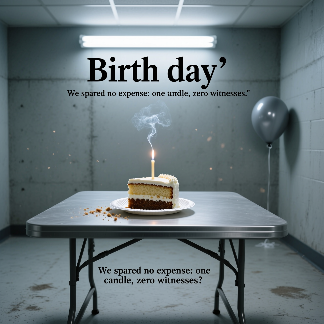At the top of the Photorealistic picture taken from a camera image, "Birth day"

At the bottom of the image, "We spared no expense: one candle, zero witnesses."

Ultra-high-definition 4K UHD photograph in a stark, empty room with cold gray painted concrete walls and a scuffed linoleum floor. Eye-level, tripod-still composition with generous negative space. Center frame: a bare metal folding table under a harsh overhead fluorescent tube. On the table sits a lone, undecorated slice of supermarket sheet cake with the frosting meticulously scraped off, crumbs exposed, on a flimsy white paper plate. A short, slightly bent candle stands in the cake, just blown out, a thin wisp of smoke rising. In the far corner, a single deflated gray balloon slumps against the wall; no other decorations, no people. Cool, clinical lighting (5000K), hard shadows, subtle dust motes in the air. Shot on a 50mm lens at f/2.8 for shallow depth of field—razor focus on the cake and smoking candle, background softly blurred. True-to-life textures, natural imperfections, mild vignette, and subtle film grain. Text is minimal, centered, thin black sans-serif, understated to match the austere mood.
Generated with these themes: The most plain, austere birthday card. Sad, isolation etc , and .
Made with ❤️ by AI.