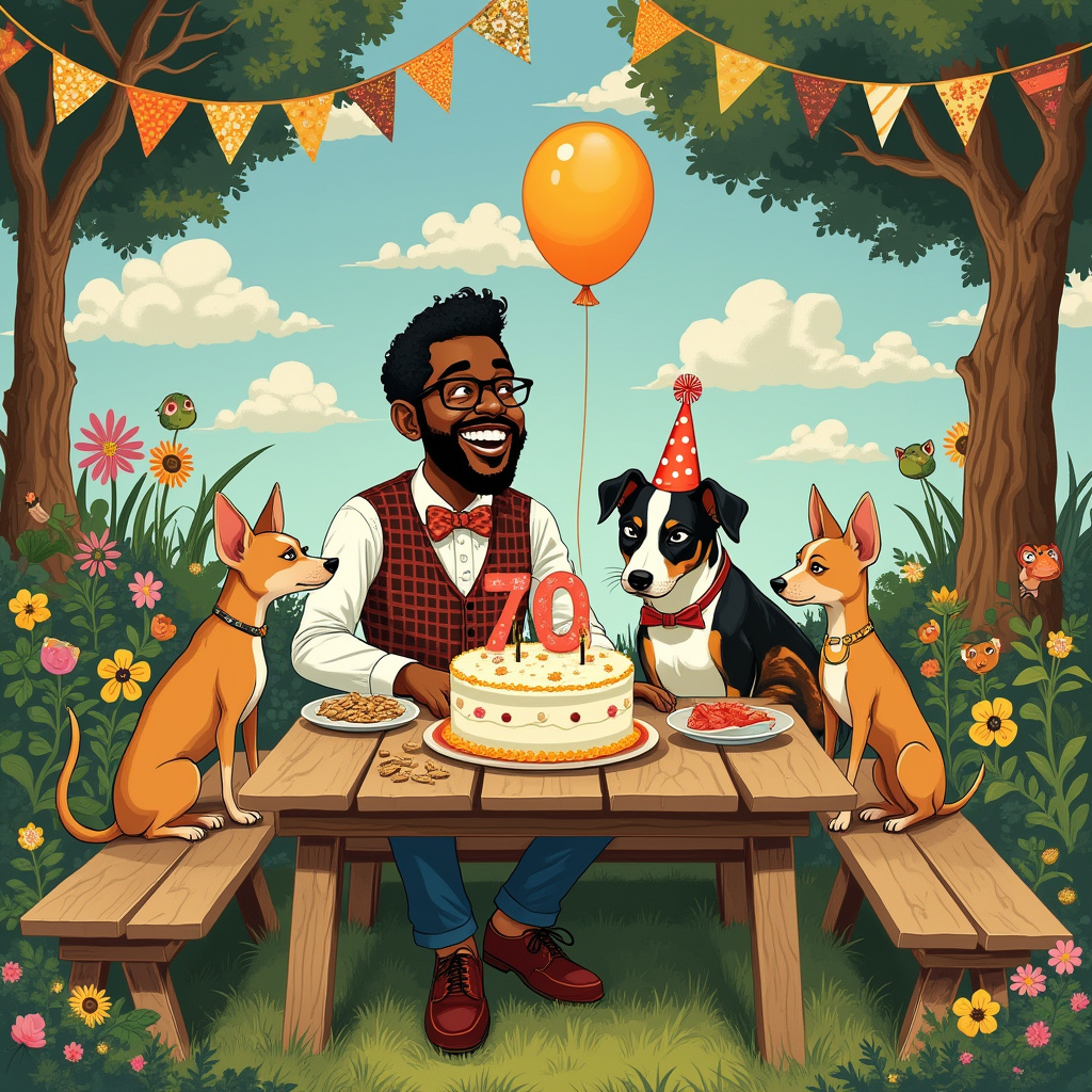 The scene is set in a vibrant and whimsical garden, filled with lush greenery and blooming flowers reminiscent of a Maurice Sendak storybook setting. The focal point is a long, rustic wooden picnic table adorned with a whimsical, elaborately decorated birthday cake that resembles an Edward Gorey illustration, complete with intricate icing designs and an oversized numeral "70" perched atop. Seated at the head of the table is a jolly, bespectacled Black husband with a contagious smile, wearing a vintage checkered vest and bowtie, a nod to the charming character designs of Norman Rockwell. 

Beside him sits an animated English bull terrier, its tail wagging excitedly, adorned with a comically oversized, polka-dotted party hat that tilts slightly to one side. On either side of the bull terrier, two mischievous tan chihuahuas are playfully perched on the bench, one curiously sniffing a tray of dog treats and the other attempting to paw at a floating balloon. 

Above the scene, a sky filled with fluffy clouds takes on a touch of Maxfield Parrish's dreamy atmosphere. One cloud is cleverly shaped to spell "Pud," as though a magical breeze had orchestrated the birthday message across the heavens. Vibrant streamers and bunting hang from the surrounding trees, adding a touch of Quentin Blake's lively and dynamic line work, with each triangle of the bunting subtly incorporating elements of Beatrix Potter's gentle animal motifs. 

The background features an enchanting touch of Arthur Rackham's illustrative whimsy, with a cluster of giggling woodland creatures peeking out from behind tree trunks, watching the birthday celebration unfold with intrigue.
Generated with these themes: Age 70, Black husband , White English bull terrier , Tan chihuahua x 2, and Cake .
Made with ❤️ by AI.