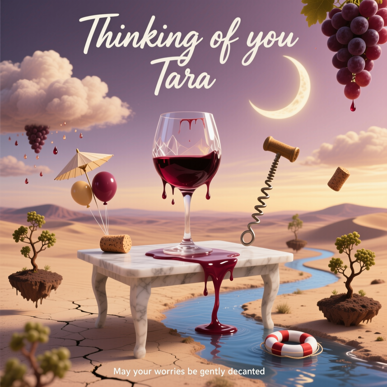 At the top of the Surreal Style image, Thinking of you Tara in soft hand-lettered script, misty white with a faint burgundy glow, airy and elegant

Dali-inspired dreamscape: a thin marble table levitates above a pale, cracked desert; a colossal crystal wine glass is melting lazily over the table’s edge, its rim drooping like wax. Deep burgundy wine flows from the softened bowl in a satin ribbon, curling midair and turning into a miniature river that winds through tiny, impossibly pruned grapevines growing on floating islands of soil. In the mauve-gold twilight sky, fluffy grape-cluster clouds drift and sprinkle gentle wine droplets that open tiny paper parasols as they fall. Corks bob as helium balloons on delicate strings, one cork painted like a little lifebuoy floating by the riverbank. A whimsical corkscrew crescent moon hangs low, casting elongated, painterly shadows. Ethereal volumetric light, soft bloom, and melting forms throughout; tender, witty, and comforting mood. Dusty mauves, deep burgundy, soft gold, and twilight blues. Full-bleed vertical composition with generous negative space, ultra-detailed, otherworldly, dreamlike surrealism. No people, no logos, no extra text beyond specified

At the bottom in small, subtle lettering: May your worries be gently decanted
Generated with these themes: Wine, , and .
Made with ❤️ by AI.