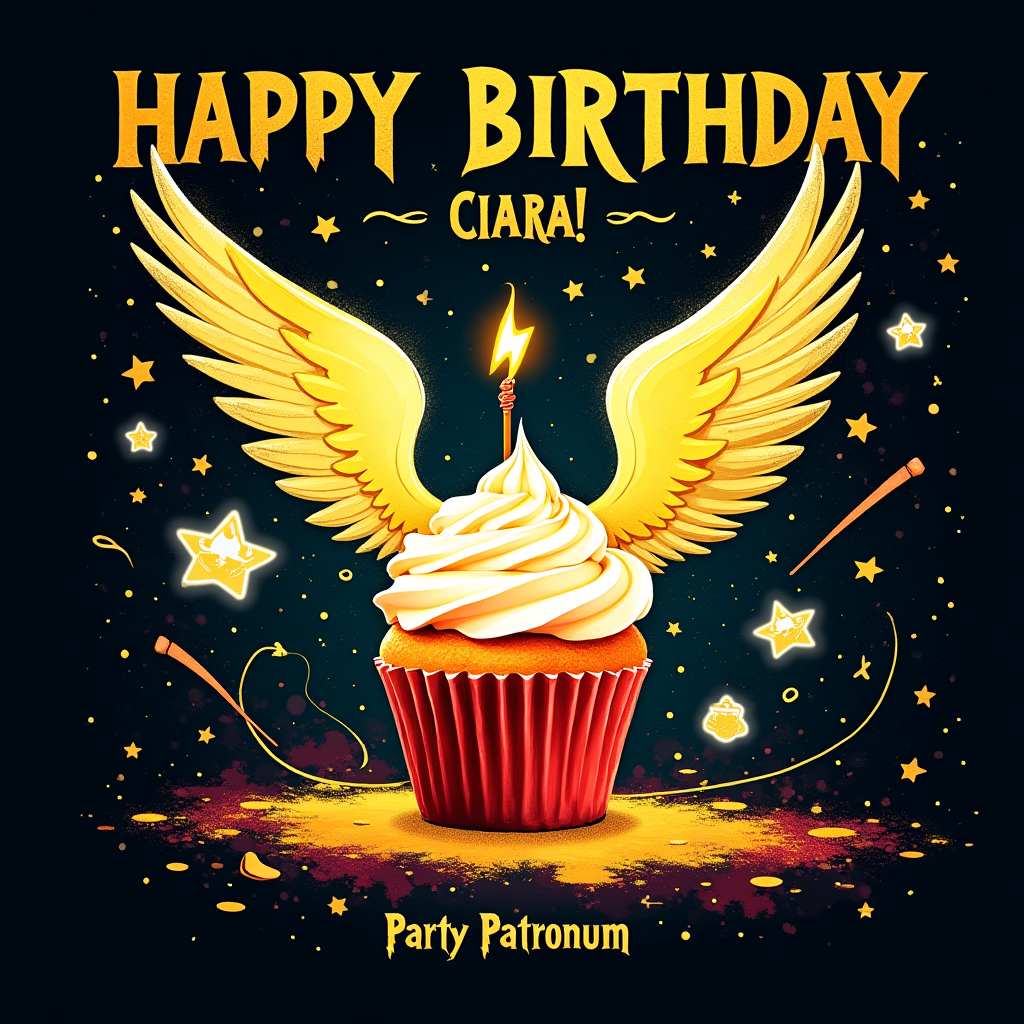 At the top of the Abstract Style image, add the text "HAPPY BIRTHDAY CIARA!"
At the bottom, add a small cheeky caption: "Party Patronum!"

Create a bold, high-contrast abstract composition inspired by Harry Potter: dynamic geometric shards and fluid, glowing curves swirl across a deep midnight backdrop. Centerpiece: a radiant, golden winged cupcake (a playful nod to the Golden Snitch) streaking through the scene with shimmering paint-spark trails. Around it, sweeping wand-light arcs loop like levitation spells, a curved broomstroke slice cuts through confetti stars, and triangular shards subtly suggest whimsical castle spires and a crooked wizard hat in negative space. Overlapping circles hint at round glasses, with a tiny lightning-bolt motif zig-zagging through vibrant brush strokes. Add simplified icons—a floating envelope, feather-like arcs, and tiny candle-wands—reduced to crisp geometric shapes. Use a vivid palette: inky indigo/black, glowing gold, electric yellow, scarlet red, emerald green, and pops of bright white; punchy contrasts, energetic brush textures, and splatters for motion and humor. Style the top text bold and playful with subtle lightning-bolt flair and a sprinkling of wand-spark particles; keep the bottom caption small and witty. Full-bleed, poster-like clarity, modern expressive feel, fun and mischievous.
Generated with these themes: Harry Potter, and .
Made with ❤️ by AI.