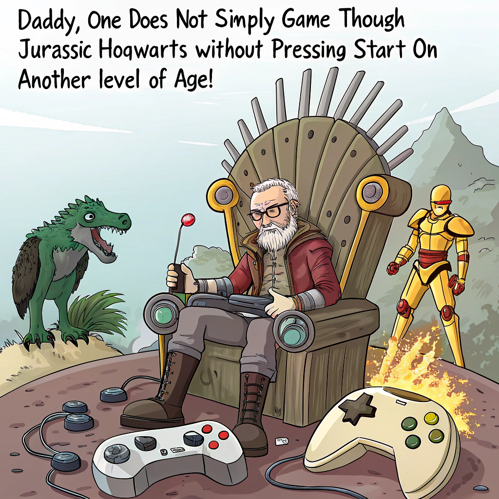 At the top of the image, "Daddy, one does not simply game through Jurassic Hogwarts without pressing START on another level of age!"

- In the illustration:  
  Create a chaotic, humorous cartoon mashup scene.

  - Centered, a throne made of PlayStation controllers, golden snitches, and dino bones is surrounded by pixelated lava from Sonic’s Green Hill Zone.
  - Daddy, illustrated in full majestic wizard-armor-meets-cyborg attire (imagine Gandalf’s beard with Robocop’s visor and some tactical gaming gloves), is proudly seated on the throne holding a steaming mug that reads “#1 Birthday Boss.”
  - On one side, two little blonde-haired daughters, wearing oversized wizard robes and gamer headsets, ride raptors while holding balloons shaped like Chaos Emeralds.
  - A velociraptor wearing Sonic sneakers races around with a lightning bolt-shaped wand in its mouth.
  - Above, Harry Potter zips by on a T-Rex that’s got Mario-style power-ups stuck to its scales, being chased by a holographic 90s Tamagotchi Godzilla.

- The mood should be zany and nostalgic, overflowing with 90s gaming Easter eggs and sci-fi/fantasy humor.
Generated with these themes: Gamer , Lord of the Rings , Robocop, Jurassic Park , Two daughters with blonde hair , Harry Potter , Sonic , and 90s.
Made with ❤️ by AI.