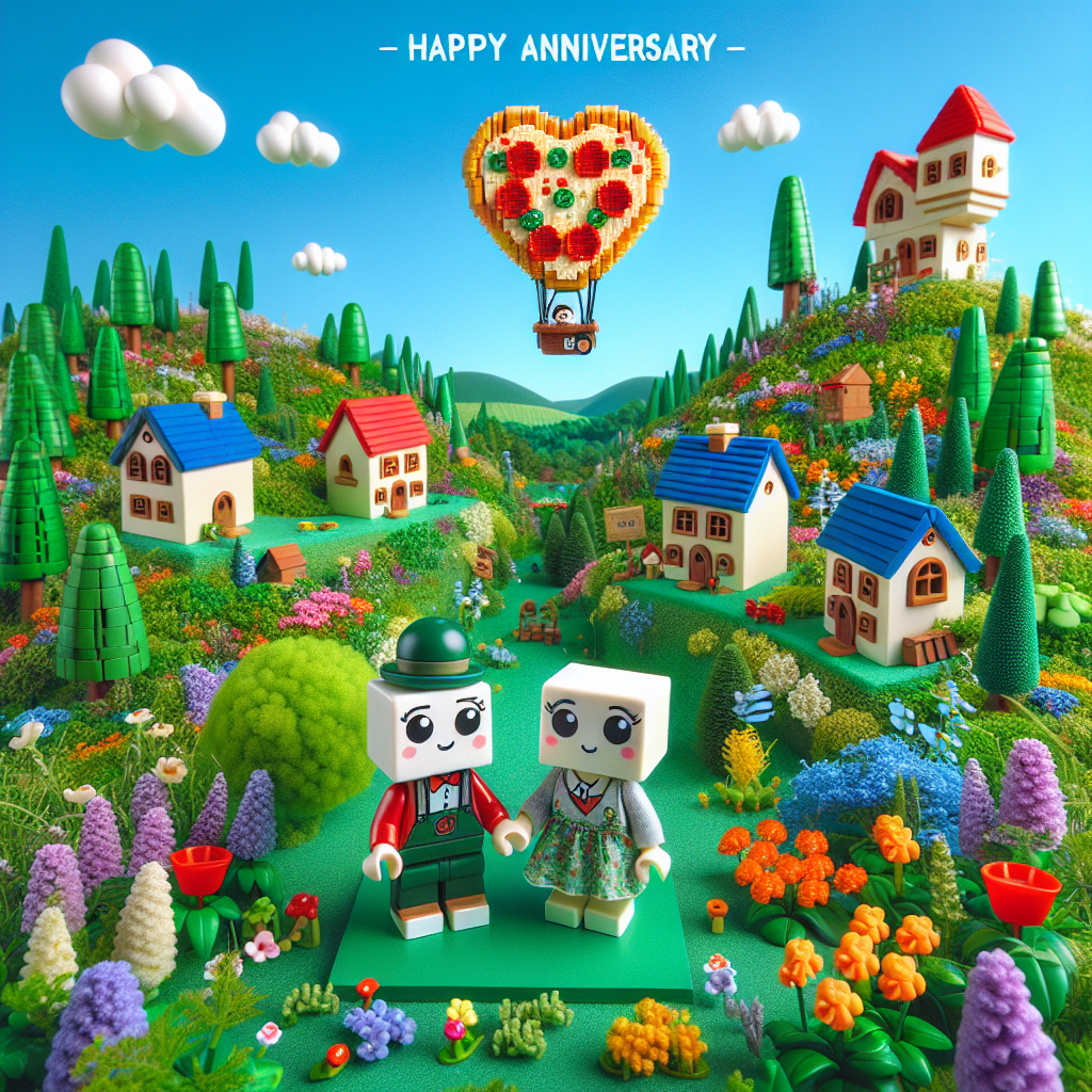 A playful delightful cartoon rendition of an anniversary scene set in a verdant, idyllic countryside reminiscent of fantasy literature, with two small toy building block characters holding hands on a petite elevation. The surrounding vista is punctuated with vibrant blossoms and miniature houses that seem suited for minuscule fantasy beings. High in the azure sky, a hot air balloon modeling a pizza wafts serenely, signifying common escapades and heartwarming repasts in their voyage as a duo.
Generated with these themes: LORD OF THE RINGS, lego, Pizza.
Made with ❤️ by AI.