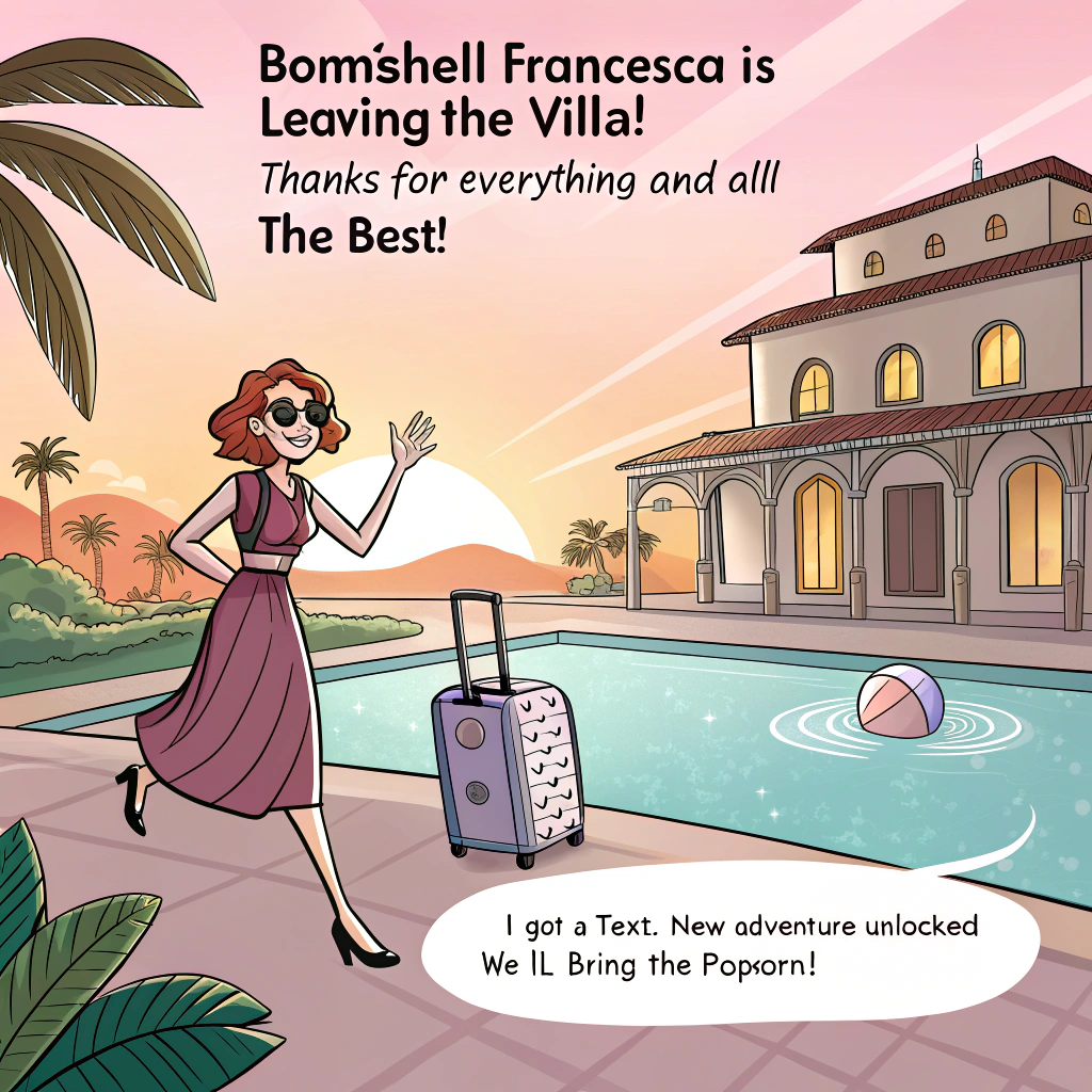 At the top of the Cartoon Style image, "Bombshell Francesca is Leaving the Villa!  Thanks for Everything and All the Best!"
Add at the bottom of the image, "I got a text: new adventure unlocked — we’ll bring the popcorn!"

- Center scene: A playful, high-energy poolside “villa” moment at sunset. Francesca struts toward the foreground in a dynamic, sassy pose, one hand waving, the other rolling a supersized suitcase shaped like a crystal perfume bottle that leaves a sparkling heart-shaped mist trail.
- Francesca’s look: Edgy-alternative glam—neon-pink slip under a cropped black leather jacket with studs, fishnet tights, chunky platform boots with spikes, bold winged eyeliner, glitter highlight, oversized heart-shaped sunglasses perched on her head, and a giant makeup brush slung over her shoulder like a mic.
- Around her: Cartoon islander pals in eclectic alt fashion (tattoos, bold hair colors, mesh and chains) cheering her on. They toss fluffy popcorn like confetti, some catching kernels in their mouths mid-air, adding goofy motion and laughs.
- Props and vibes: A glowing neon heart sculpture near the pool, floaties shaped like lipstick and perfume sprayers bobbing in the water, a striped popcorn tub tipped mid-swoosh, and sparkly star accents around the perfume mist.
- Composition and color: Bright, saturated palette (hot pinks, electric turquoise, sunny yellows, inky blacks), thick outlines, cel-shaded depth, and whimsical, energetic poses. Slight wide-angle exaggeration for comedy and motion.
- Layout: Leave generous clear space for the top headline and the bottom punchline; ensure both texts are bold, bubbly, and easily readable against the vibrant background.
Generated with these themes: Love Island, Makeup, Perfume, Edgy alternative Fashion, Popcorn, and .
Made with ❤️ by AI.