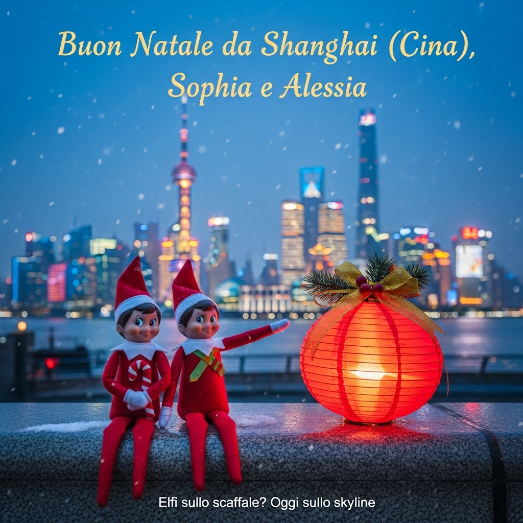 At the top of the Photorealistic picture taken from a camera image, Buon Natale da Shanghai (Cina), Sophia e Alessia

Ultra-high-definition 4K UHD photograph with accurate lighting, lifelike textures, and rich depth of field, capturing a true-to-life scene. Cute, cozy Christmas mood at blue hour on the Bund in Shanghai. Foreground: two adorable Christmas scout elves in classic “Elf on the Shelf” style (red felt suits, white collars, pointy red hats, rosy cheeks) sitting side-by-side on the smooth stone railing next to a softly glowing red Chinese paper lantern tied with a gold ribbon and tiny pine sprigs. One elf hugs a miniature candy cane; the other joyfully points toward the skyline. Background: the Huangpu River and the iconic Shanghai skyline—Oriental Pearl Tower, Shanghai Tower, and Jin Mao—softly out of focus with twinkling holiday lights and dreamy bokeh. A gentle flurry of snow, a light dusting on the railing and lantern, warm lantern glow modeling the elves’ faces and felt fibers, balanced by cool city-blue ambience; reflections of colored lights ripple on the wet promenade stones for extra depth and sparkle.

Camera: full-frame DSLR, 85mm prime lens, f/1.8, ISO 200, 1/250s, portrait orientation. Natural, cinematic dynamic range; crisp foreground focus with creamy background bokeh. Top text in warm-white elegant script with a soft glow for readability against the twilight sky.

At the bottom in small, playful text: Elfi sullo scaffale? Oggi sullo skyline!

No borders, no logos, no watermarks.
Generated with these themes: Due elfi di elf on the shelf a Shanghai, and .
Made with ❤️ by AI.