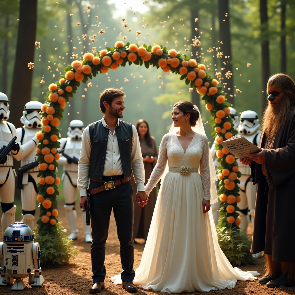 At the top of the realistic photograph image: "Maggie & Danny, Yoda One I Wanna Marry!"

Realistic photograph prompt:  
A hilarious wedding scene set in a lush forest clearing resembling Endor. A groom dressed as Han Solo and a bride in a white Leia-inspired gown hold hands under a floral arch made of glowing lightsabers. Their wedding guests include stormtroopers tossing rice, R2-D2 as the ring bearer, and Chewbacca dabbing in the background. The officiant is dressed as Obi-Wan Kenobi, holding a script that says "Do or do not, there is no 'I guess'." The couple beams as confetti (made of mini Millennium Falcons) rains from above. The lighting is soft and cinematic, as if shot on a high-end DSLR. The overall look is humorous but photorealistic — as if the strangest but happiest galaxy-spanning wedding just happened and someone managed to capture the perfect moment.
Generated with these themes: Star wars.
Made with ❤️ by AI.