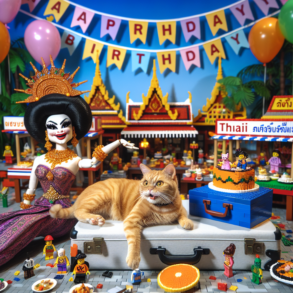 A whimsical Cartoon-style birthday celebration, where a ginger cat with a travel hat lounges by a suitcase, suggesting an affinity for adventure. Surrounding the cat is an intricate Lego construction portraying a Thai marketplace, replete with miniature food stalls serving iconic Thai cuisine. A vibrant drag queen, wearing attire with nebulous symbols, reminisce of a character from a British clay animation captivates the crowd with her energetic wit and charming actions. The atmosphere is amplified with birthday banners and balloons, while the ginger cat amusingly leaps for some stray Lego bits, filling the room with jubilance and delight.
Generated with these themes: Ginger cat, Lego, Thai food, Travelling , Drag queen , Wallace and gromit , and Nike.
Made with ❤️ by AI.