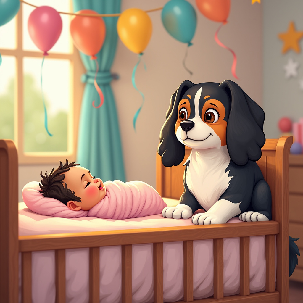 A cute cartoon scene features a new baby wrapped in a soft, pastel-colored blanket, lying peacefully in a cozy crib. An adult dog with a normal build and a black and white coat, along with expressive brown eyes, sits attentively next to the crib. The room is adorned with colorful balloons and streamers, celebrating the arrival of the little one. The dog’s gentle gaze shows its protective nature and excitement about the new addition to the family.
.
Made with ❤️ by AI.