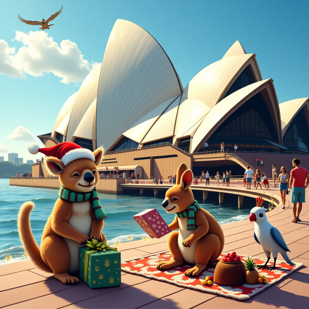 Amidst the shimmering Australian summer sun, a vibrant Christmas spectacle unfolds at the iconic Sydney Opera House, its soaring white sails glistening against a backdrop of clear azure sky. A cheeky koala, donning a Santa hat slightly askew on its furry head, perches comfortably atop one of the sails, seemingly in charge of the holiday festivities. Below, on the sun-drenched plaza, a jubilant kangaroo bounces about in a green-and-red-striped scarf, gleefully distributing presents from its bulging pouch. Each gift is whimsically wrapped, featuring designs of boomerangs, surfing Santas, and eucalyptus leaves. Onlookers, a mix of tourists and locals, snap photos with their phones, while an impromptu string of fairy lights twinkles along the edge of the promenade, reflecting the festive cheer in the waters of Sydney Harbour. A surfboard, whimsically decorated with reindeer antlers and a Rudolph-red nose, leans casually against one of the Opera House's steps, awaiting its next adventure. A curious cockatoo, intrigued by the festivities, swoops down to investigate a nearby Christmas pudding placed tantalizingly atop a picnic blanket strewn with pineapples and cherries. The scene is a delightful fusion of Christmas whimsy and Australian cultural icons, offering a merry snapshot of an Aussie holiday celebration.
Generated with these themes: Australian landmarks and koala and kangaroo at Christmas.
Made with ❤️ by AI.