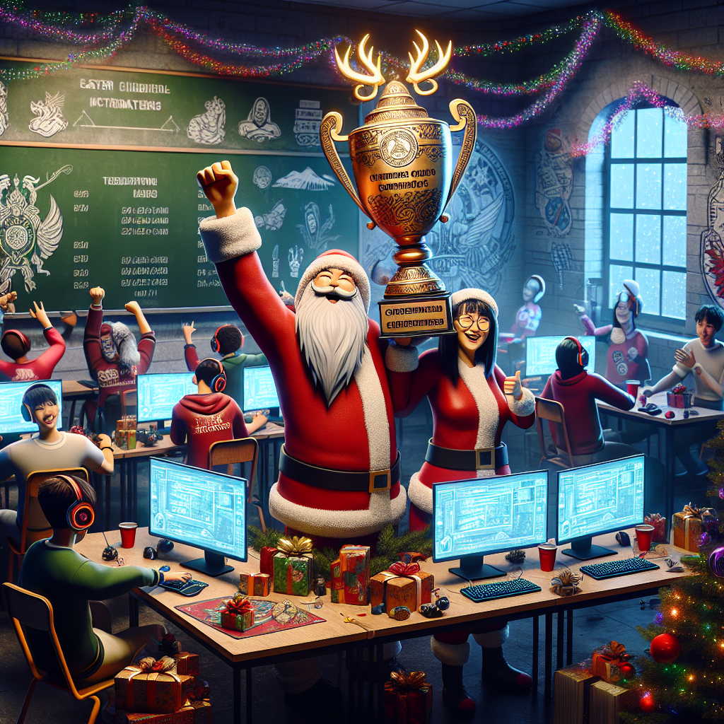 This scene depicts a delightful classroom at the Eastern Education Group, where students and teachers are having a Christmas party with an eSports twist. The classroom is adorned with computing paraphernalia, colorful lights, and digital technology decorations. An animated Santa, dressed as an eSports champion, raises a trophy with 'West Suffolk College' inscribed, ushering in a blend of tradition and modern education.
Generated with these themes: Eastern education group, Esports, Computing, Digital technologies, and West suffolk college.
Made with ❤️ by AI.