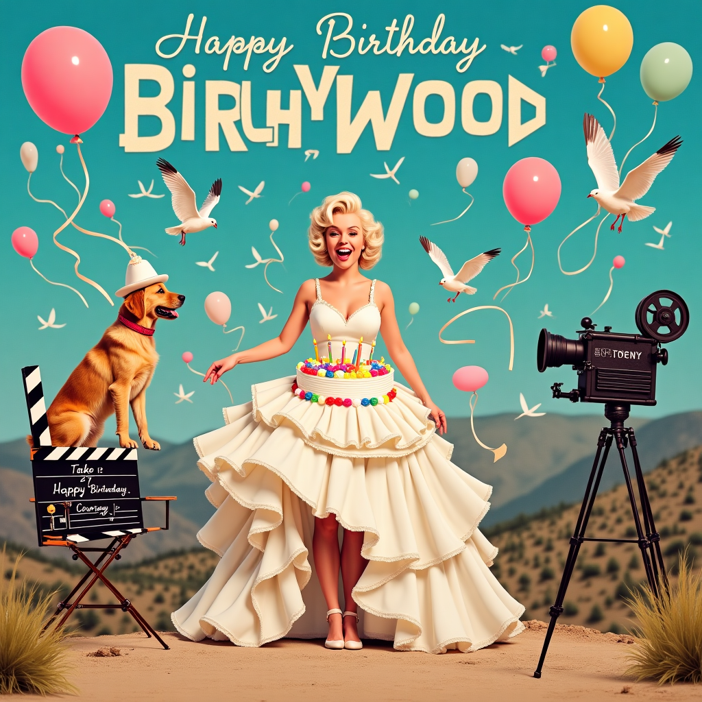 The front cover of this birthday greeting card features a hilarious and imaginative scene set on a vintage Hollywood film set, with Marilyn Monroe as the glamorous protagonist. The scene is a playful reimagining of Marilyn's iconic dress-blowing moment from "The Seven Year Itch," but with a birthday twist. Marilyn stands in the center, her famous white dress billowing upwards, not from a subway grate, but from a massive, multi-tiered birthday cake that has exploded from the center. Each layer of the cake is intricately decorated with colorful frosting, with whimsical, oversized candles perched at precarious angles.

Around Marilyn, a flurry of comical elements brings the scene to life. A golden retriever, wearing a miniature director’s beret, sits on a director’s chair labeled "Mr. Hollywood," barking enthusiastically. On the other side, a vintage film camera on a tripod has a reel of film flying wildly out of it, as if startled by the cake eruption. Balloons in various pastel colors float in the background, some forming the words "Happy Birthday Courtney" in a playful, loopy script against a cerulean sky.

In the foreground, an oversized clapperboard lies on the ground with the words “Take 27: Happy Birthday, Courtney!” written in bold chalky letters. The backdrop of the scene is a large Hollywood sign, but instead of "Hollywood," it humorously reads "Birthdaywood," with Courtney's name cleverly integrated into the landscape as a field of flowers spelling out "Courtney" in vivid blooms. To complete the scene, a few seagulls hover above, each carrying a strand of ribbon trailing from their beaks, spelling out the word "Surprise!" in elegant, looping cursive. This card's whimsical scene is sure to bring a smile to Courtney's face, blending classic Hollywood glamour with birthday fun.
Generated with these themes: Marilyn Monroe .
Made with ❤️ by AI.