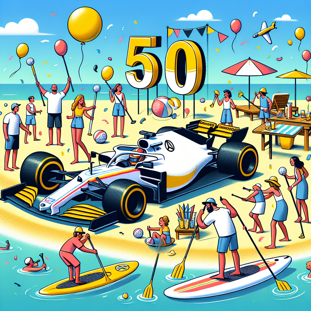 Create a festive image depicting a birthday celebration at a sandy beach, with an F1 racing car donning a giant number 50 on its side as a centerpiece. Imagine party guests of diverse genders and descents, drawn in a playful, cartoonish style, gathered around with some engaging in a lively game of beach golf, using bright golf clubs to hit small beach balls, while others are joyously balancing on paddle boards amidst the gentle sea waves. Details such as balloons, confetti, and a serene, clear blue sky accentuate the revelrous theme.
Generated with these themes: F1 golf paddle board beach 50.
Made with ❤️ by AI.