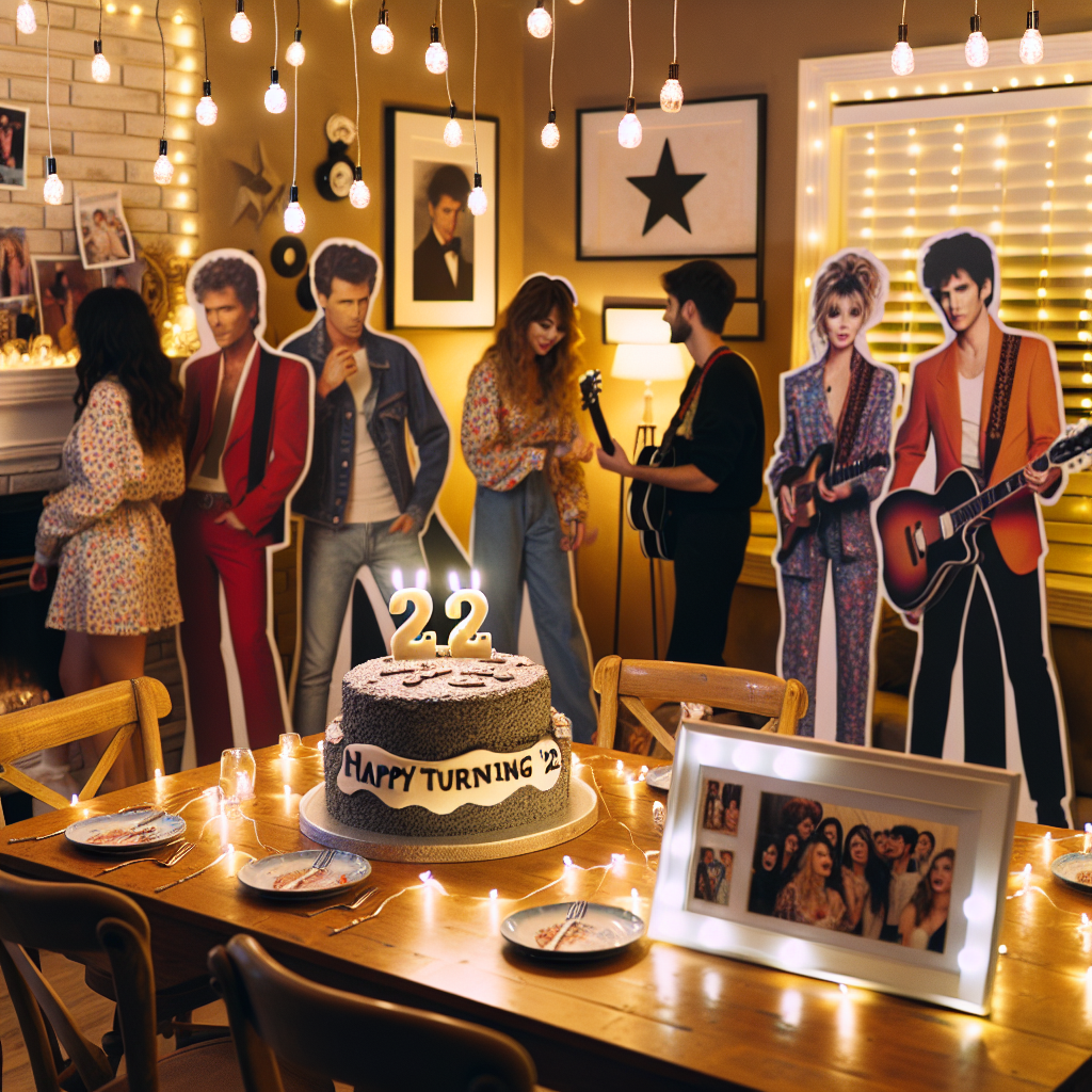 A warmly lit room is decorated with delicate fairy lights that create a cozy ambiance for a birthday celebration inspired by the mood of popular country-pop music. In the background, a catchy, upbeat song about turning '22' plays softly. Friends and family are interacting with life-sized cardboard cutouts, each donned in a different iconic outfit reminiscent of well-known music video costumes. The highlight of the room is a meticulously crafted cake designed to look like a beloved guitar. Picture frames dispersed throughout the room contain amusing quotes, sparking laughter among the amused guests.
Generated with these themes: Taylor swift.
Made with ❤️ by AI.