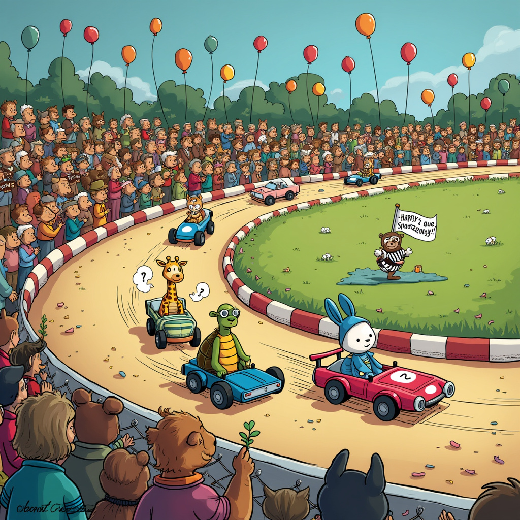 The birthday greetings card front cover is a vibrant, cartoonish scene set at a whimsical racetrack. Imagine a Charles Schulz-style simplicity combined with Bill Watterson’s knack for expressive characters and Gary Larson's sense of humor. In the foreground, the racetrack is not the usual oval; instead, it's a loop-de-loop that spirals into a bed at the finish line.

At the starting line, several quirky animals are lined up in their makeshift racing beds. A tortoise in a pajama-patterned shell and a hare in striped nightcap and slippers are the most prominent racers. The tortoise's bed has wheels and an alarm clock on it, while the hare's bed has rocket boosters and a pillow that says "Speedy Dreams."

Mid-race, the track is filled with humorous mishaps: a giraffe's neck is stuck in the loop-de-loop, and a panda with night goggles is fast asleep mid-run, snoring Zs that float in the air. An energetic squirrel on a spring-loaded mattress is catapulting past a yawning sloth in a hammock on wheels.

In the background, the stands are filled with a lively audience of various woodland creatures, some holding "Go to Sleep!" banners, while others are eating popcorn and dozing off. Balloons in the shape of sheep and stars float in the sky, adding a dreamlike touch.

At the finish line, a referee, who is an owl in a striped referee shirt, is holding up a checkered flag. The bed that makes it first to the finish line is being welcomed by a group of jubilant teddy bears holding a banner that reads, "Happy Snooze-day!"

Each element, from the spiraled track to the racing beds and the cheering audience, brings a unique blend of racing and sleep jokes to life in a visually detailed, engaging, and whimsically funny birthday greeting card.
Generated with these themes: Racing sleep jokes.
Made with ❤️ by AI.