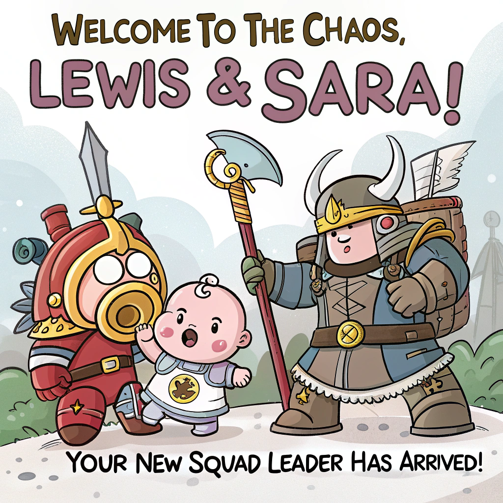 At the top of the image, "Welcome to the Chaos, Lewis & Sara!" 

At the bottom of the image, "Your new squad leader has arrived!"

- In the center, create a humorous cartoon scene with a tiny baby in a classic Warhammer-inspired armor, holding an oversized pacifier like a mighty scepter, commanding a battalion of cuddly stuffed animals dressed as whimsical soldiers ready for their newest mission. Bright colors and playful outlines add to the comedic effect.
Generated with these themes: Warhammer, and .
Made with ❤️ by AI.