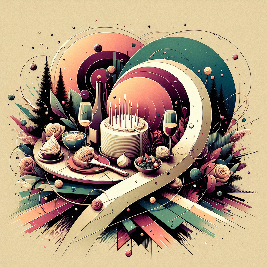 Generate an image imbued with an abstract aura characterized by soft swirls and bold strokes to create a mesmerizing birthday atmosphere. Showcase a curated selection of appetizing cuisine and exquisite wine that promise a gastronomic journey. Incorporate tasteful references to the horror genre subtly woven into the standing environment for added mystery. Display artfully arranged reading materials resembling Japanese comics, offering visual and narrative intrigue. Embellish the scene with elements reflecting Finnish tranquility portrayed as arrangements of conifer trees, with designated walking paths providing a blend of social interactivity and movement.
Generated with these themes: Abstract Art, good food, good wine, horror films, Japanese comics, Finland, conifer trees, walking.
Made with ❤️ by AI.