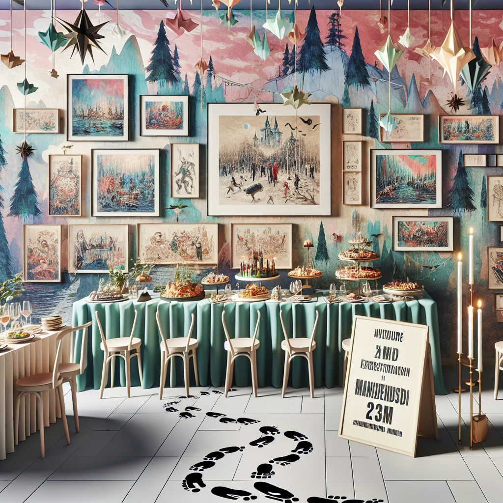 Visualize a birthday celebration with a backdrop characterized by whimsical, abstract art, creating a dreamlike color blend. Amidst this ethereal setting, a lavish spread of high-end delicacies and premium wine is on offer. The party decor incorporates tasteful, spooky elements as surreptitious nods to horror films, adding an element of refined eeriness. Framed art that appears inspired by vivid, action-packed Japanese comics adorn the walls. Miniature artistic interpretations of Finnish landscapes, featuring conifer trees, subtly enhance the room aesthetic. Paths marked by footprints guide guests to a walk-through exhibit, encouraging exploration and socializing.
Generated with these themes: Abstract Art, good food, good wine, horror films, Japanese comics, Finland, conifer trees, walking.
Made with ❤️ by AI.