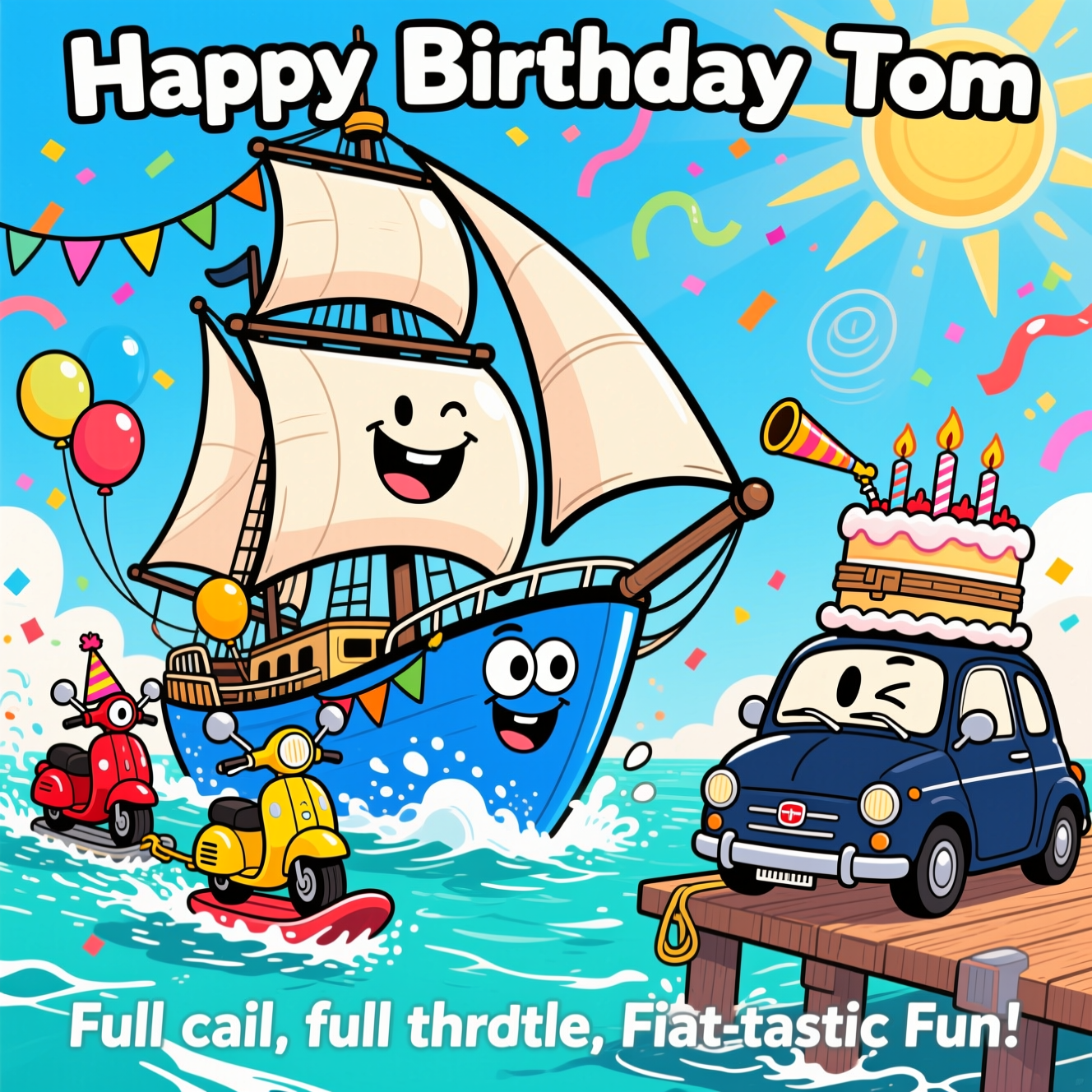 At the top of the Cartoon Style image, Happy Birthday Tom

Portrait composition in a playful cartoon style with exaggerated proportions, thick black outlines, and bright, saturated colors. Center stage: a gigantic shiny blue sailing yacht with oversized billowing sails and a cheeky smile, deck draped in bunting and balloons, plowing through turquoise water with splashy white foam and energetic motion lines. Behind it, two zany motorbikes (one cherry red, one sunshine yellow) get towed like water-skiers, popping synchronized wheelies, tiny party hats on their mirrors, big grinning headlight-eyes. On the right, a dark blue Fiat (cute retro city car) perches on a wooden pier, winking, a towering birthday cake strapped to its roof with lit candles and a party blower curling from the grille. Sunburst sky, swirling confetti and streamers, glossy highlights and soft cel shading; keep the image bold, clean, and dynamic.

At the bottom of the Cartoon Style image, Full sail, full throttle, Fiat-tastic fun!
Generated with these themes: Big blue sailing yacht , Motor bikes , Dark blue Fiat car, and .
Made with ❤️ by AI.