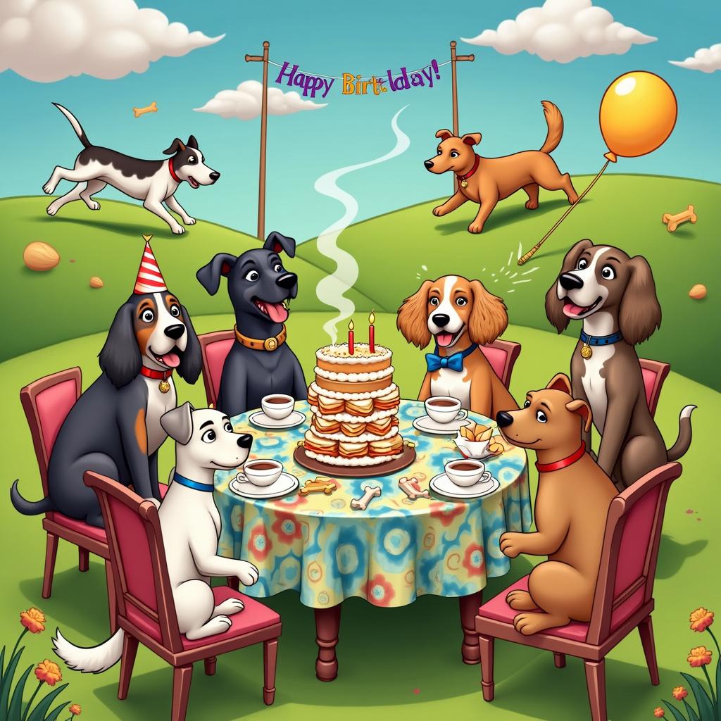 A humorous cartoon scene set on vibrant green hills under a bright blue sky dotted with fluffy white clouds. At the center of the image is a whimsical afternoon tea setup with a large, mismatched colorful tablecloth draped over a round table. A variety of dogs, ranging from a floppy-eared basset hound wearing a party hat to a poodle with a bow tie, are sitting on cushioned chairs around the table. Each dog has an exaggerated facial expression of delight and surprise. On the table are bone-shaped sandwiches, a three-tiered cake with a candle shaped like a banana on top, and teacups filled with a steaming beverage. Scattered around are balloons shaped like bones and bananas. In the background, a couple of dogs are chasing each other up and down the hills, their tongues comically sticking out. One of the hills has a banner that reads 'Happy Birthday!' strung between two sticks.
Generated with these themes: Hills, Dogs, Afternoon tea, and Banana.
Made with ❤️ by AI.