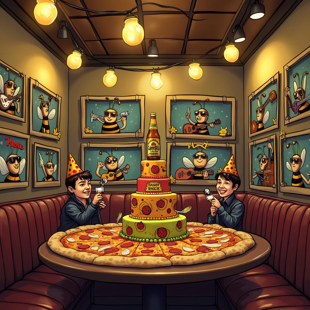 Inside a comic book-style pizza parlor, walls are lined with framed photos of funny bees wearing sunglasses, each with a bottle of 'Camden Lager'. In the center, a multi-tiered birthday cake decorated with fondant figures of Jason Isbell playing a guitar solo, surrounded by a crowd of busy bees with mini instruments. One side of the cake features a large pizza slice, while the other side showcases a giant poppadom with festive decorations. Cartoony guests in party hats pose for a photo booth, hoisting slices of pizza and poppadoms as props. On the ceiling, faux balloon lights are crafted to mimic bees and vinyl records, casting a soft glow over the entire scene.
Generated with these themes: Camden Lager, Bees, Jason Isbell , Pizza, and Poppadoms .
Made with ❤️ by AI.