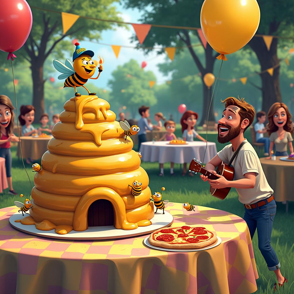 A bustling outdoor birthday party scene set in a vibrant park, with round tables draped in colorful tablecloths. Centered on the main table is a large, whimsical cake sculpted to resemble a cartoonish hive oozing with honey, with playful bees buzzing around. One bee sports a tiny hat reading 'Camden Lager', stylized as the brand's logo. To the side, a cartoon caricature of Jason Isbell plays a miniature guitar, standing atop a pepperoni pizza with exaggerated, steaming slices. Cartoon guests laugh around the tables, with one hand reaching for a slice of pizza while the other holds a crisp poppadom adorned with a smiley face. Balloons shaped like musical notes and pizza slices float overhead, tethered to the tables with ribbons.
Generated with these themes: Camden Lager, Bees, Jason Isbell , Pizza, and Poppadoms .
Made with ❤️ by AI.