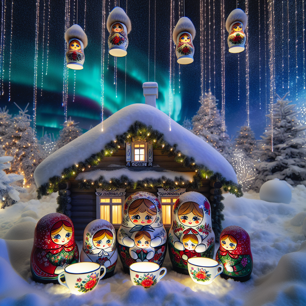 A cozy snow-covered dacha (Russian country house) with bright festive lights forms the backdrop. In the foreground, a family of Russian Matryoshka dolls in Santa hats is seen toasting with traditional Russian teacups, celebrating the New Year. Above them hangs a banner with the Cyrillic text 'с новым годом,' and the Northern Lights dance in the sky.
Generated with these themes: Russia, and New years celebration.
Made with ❤️ by AI.