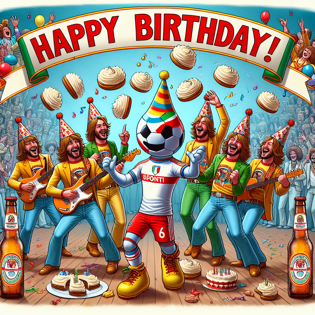 Imagine a playful birthday party scene with a football team mascot dancing merrily in the center, juggling sweet cream biscuits. Simultaneously, cartoon versions of an anonymous 70s rock band, each member wearing a festive hat, are playing energetically in the background. The party scene is sprinkled with bottles of an Italian lager beer, indicating the beverage preference of the birthday individual. Above all, a banner proudly displays 'Happy Birthday!' in vibrant, bold letters, adding to the celebratory atmosphere.
Generated with these themes: Pittsburgh Steelers NFL team, Lynyrd skynyrd band, Custard cream biscuits, and Peroni lager.
Made with ❤️ by AI.