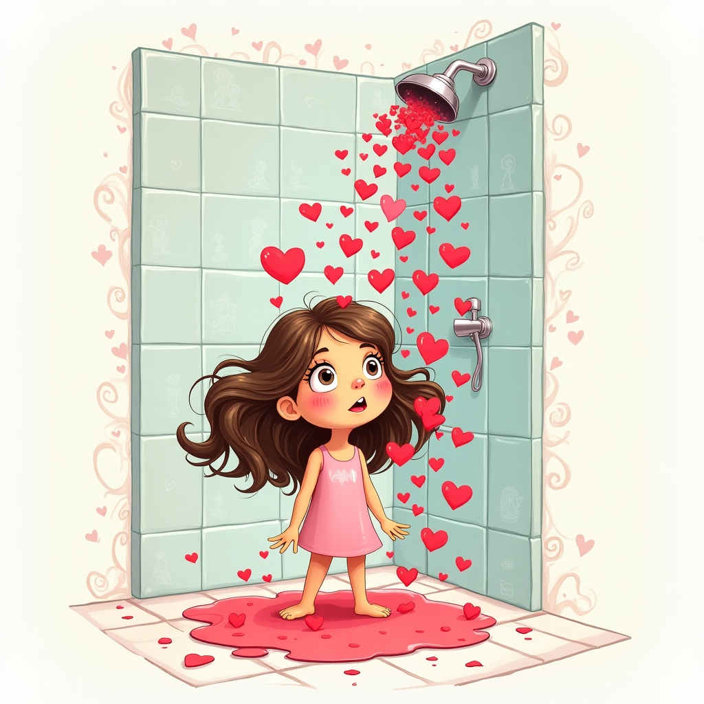A girl with brown hair in a shower, but instead of water the shower is showering hearts Valentines-day Card