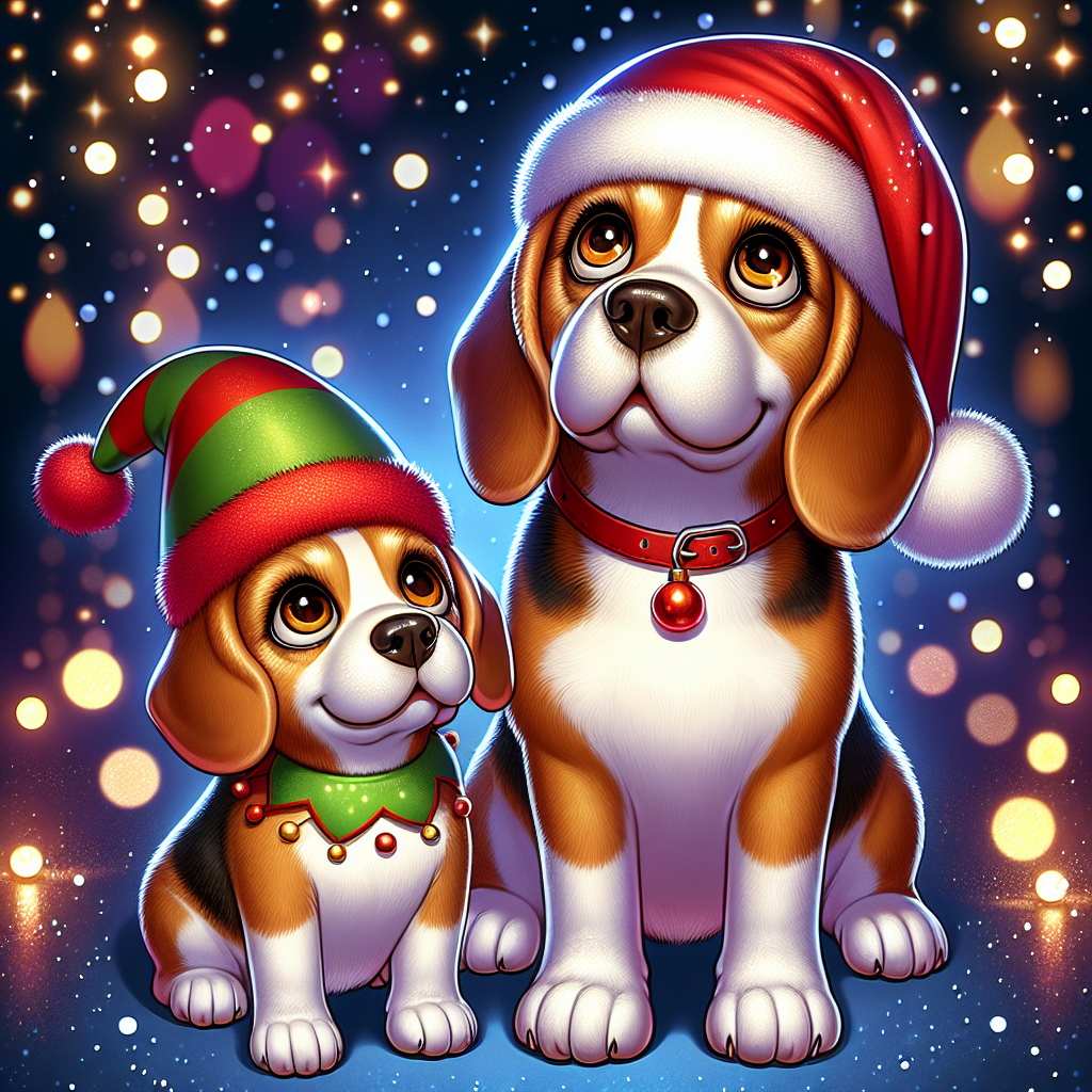 In the charming cartoon Christmas scene, two adult Beagle dogs are festively surrounded by snowflakes and twinkling lights. On the right, a plump Beagle with a glossy tri-color coat gazes with warm brown eyes, a red Santa hat slipping comically over one ear. To the left, its companion, a slender Beagle marked with the same tri-color pattern, wears a green elf collar and looks up eagerly, also flaunting expressive brown eyes.
.
Made with ❤️ by AI.