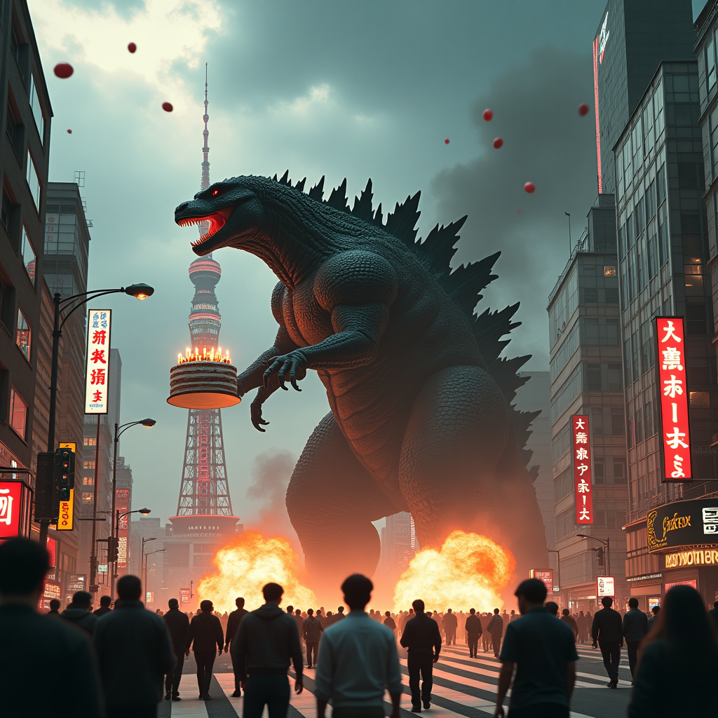 **Prompt:**

At the top of the realistic photograph image, "Happy Birthzilla, Ryan – May Your Day Be Larger Than Life!"

A hyper-realistic, high-drama scene unfolds in downtown Tokyo under dramatic stormy skies. Godzilla, towering, scaly, and mid-roar, clashes in epic monster-movie fashion with a 200-foot-tall, golden-haired, titanium-plated Kaiju resembling a robotic Donald Trump in a tattered red power tie and a metallic MAGA belt buckle. Explosions burst from crumbling skyscrapers, and confused citizens flee the chaos in comedic panic below. Godzilla wields a giant birthday cake as a shield while Robo-Trump blasts laser tweets from his mechanical hands. Street signs spin, birthday balloons fly from the impact, and a sushi bar’s neon sign flickers “Happy Hour” amidst the destruction. Brightly lit Tokyo tower leans slightly as the two titans clash — behind them, a billboard reads “Party like it's the apocalypse!” for added birthday madness.
Generated with these themes: Classic Godzilla fighting a robotic Donald Trump Kaiju in downtown Tokyo .
Made with ❤️ by AI.