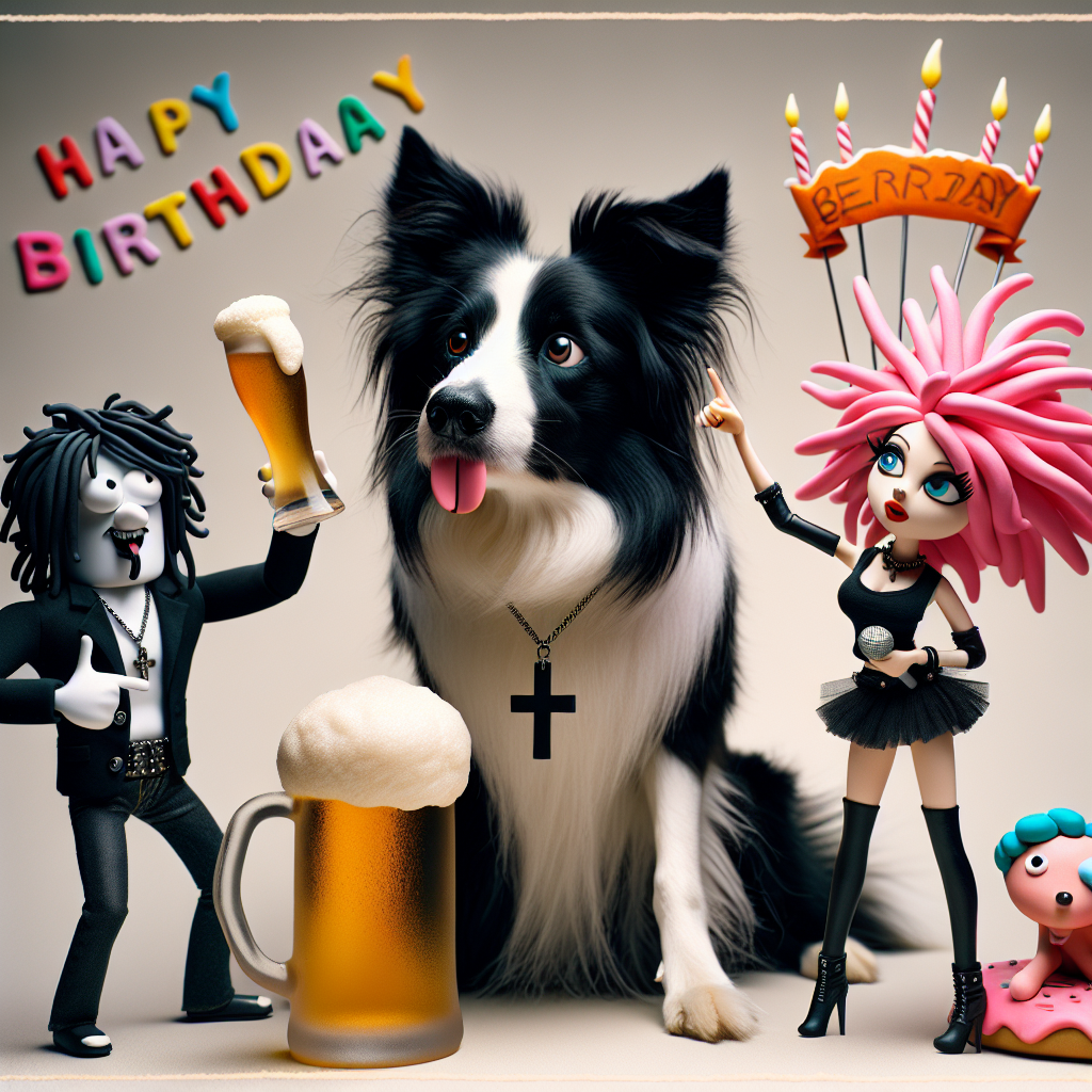 Border collie dog, Ozzy Osbourne, P!NK singer , and Beer Birthday Card