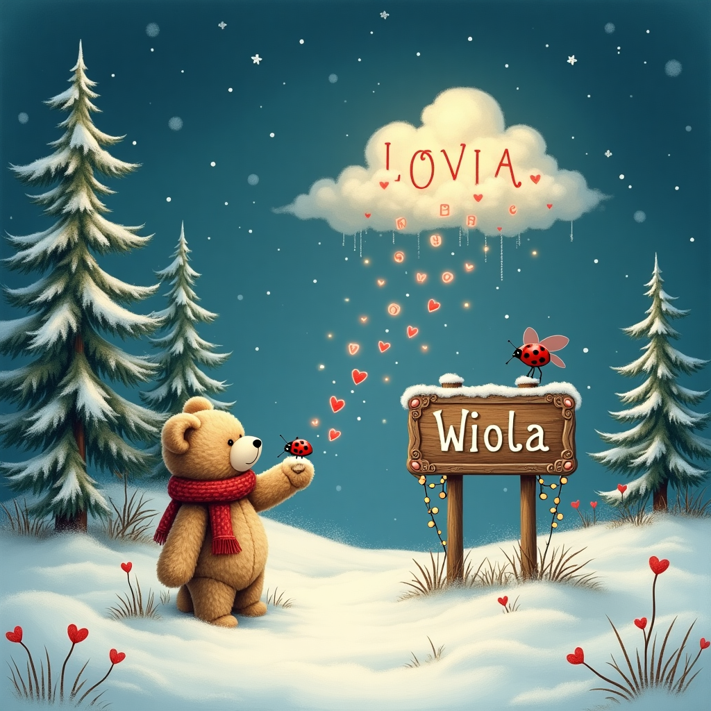 Snow, Ladybug and a teddy bear holding hands , In a field of snow , Snowing lovehearts, Romance, In Poland , and Anniversary Card