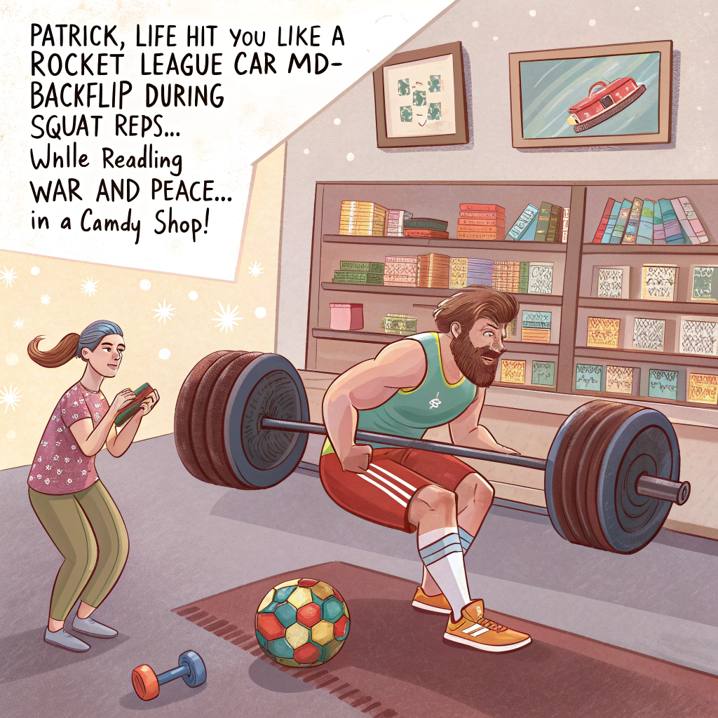 At the top of the image, "Patrick, life hit you like a Rocket League car mid-backflip during squat reps... while reading War and Peace... in a candy shop!"

- Create a realistic photograph-style image featuring a chaotic yet hilariously timed moment:

In the foreground, a man and a woman—dressed in gym attire—are mid-weightlifting in a gym that appears to have collided with a library, a soccer stadium, and a candy shop all at once.  
- The woman is attempting to deadlift a barbell, but it's suspiciously made out of stacked hardcover books with licorice as the grip tape.  
- Behind them, a Rocket League-style soccer car has crashed dramatically through the wall, knocking over shelves of encyclopedias and spilling gummy bears everywhere.  
- The man is frozen mid-rep with a dumbbell shaped like a giant caramel.  
- A soccer ball is hilariously bouncing off the man's head with perfect comic timing.  
- Expressions on all faces should scream, “What is happening?!” but in the funniest, most absurdly exaggerated way.  
- Overall lighting and realism should make the photo feel like it was snapped during a very intense (and weird) day.

This humorous, sympathetic chaos encapsulates the idea: when everything goes wrong at once, it might as well be epic (and sugar-coated).
Generated with these themes: Soccer, Rocket League , Weight lifting , Books, Candy, Woman, and Man.
Made with ❤️ by AI.