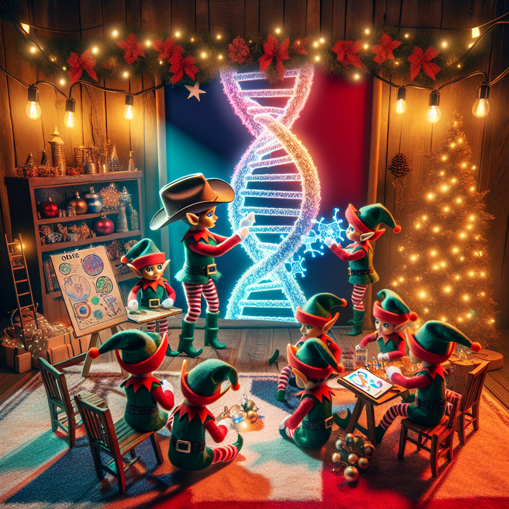 Illustration of a festive scene where tiny biotech elves are seen assembling a DNA strand, with cowboy hats on their heads, celebrating Christmas in a Texas-style setting.
Generated with these interests: Dna, Biotech, and Texas.
Made with ❤️ by AI.