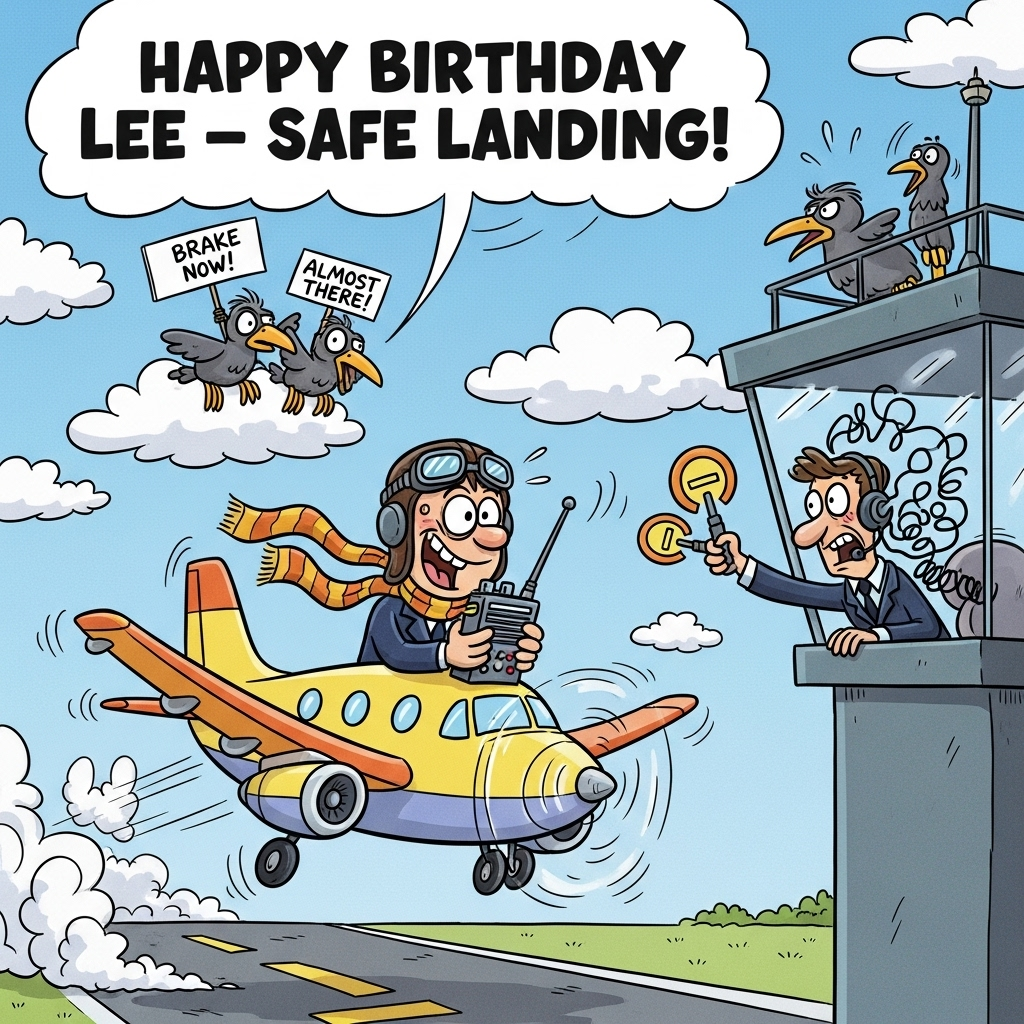 At the top of the Cartoon Style image, write in bold, playful bubble letters: **"Happy Birthday Lee – Safe Landing!"**  

Create a funny cartoon scene of a brightly-colored civil aircraft coming in for a hilariously wobbly landing on a tiny, comically small runway. The pilot is a smiling cartoon character with oversized goggles and scarf flapping wildly, clutching an exaggeratedly large airband radio, talking to an equally cartoonish air traffic controller in a tower. The controller is leaning out the window, waving frantic signal paddles, with their headset cord tangled around them. In the sky, fluffy, exaggerated clouds swirl around, with a few cheeky birds holding up signs like “Brake Now!” and “Almost There!” Bright, saturated colors, thick black outlines, and playful, exaggerated proportions give the scene a whimsical, lighthearted feel, bursting with birthday joy and aviation silliness.
Generated with these themes: Airband radio, Civil aircraft, Air traffic control, and .
Made with ❤️ by AI.