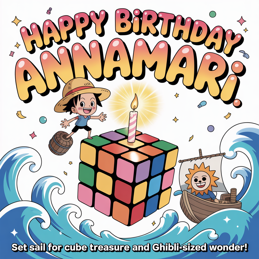 At the top of the Cartoon Style image, "HAPPY BIRTHDAY ANNAMARI"

At the bottom of the image, "Set sail for cube treasure and Ghibli-sized wonder!"

- Style: Cute, playful cartoon with chibi proportions, thick black outlines, bright saturated colors, and energetic, whimsical poses; big sparkly anime eyes, dynamic motion lines, confetti and star-sparkles in the air.
- Headline styling: Huge bubbly letters with a sunny gradient and chunky outline, sprinkled with tiny star and bubble highlights; gently arced across the sky.
- Central scene: A giant glossy Rubik’s Cube transformed into a birthday cake—one layer mid-turn revealing a glowing “treasure” light inside. A candle shaped like a tiny straw hat sits on top, flickering with magical sparkle.
- One Piece vibes: A cheerful chibi straw-hat pirate leaping in, flashing a wink, balancing on a floating barrel; a mini ship with a smiling lion-like figurehead bobs on stylized ocean swirls; a cute jolly roger flag where the skull is a happy Rubik’s Cube face, crossbones as candy-striped oars.
- Ghibli vibes: A big, fluffy forest spirit with a leaf umbrella beams warmly, holding a cube-colored slice of cake; tiny soot sprites bounce around tossing rainbow confetti and carrying teeny candles; dandelion puffs and soft, pillowy clouds drift by.
- Anime energy: Exaggerated poses, speed lines around the jumping pirate, dramatic sparkle highlights on eyes and cube, playful sweat-drop and heart doodles near characters.
- Background: Candy-blue sky, cotton-candy clouds, paper-cut sun rays, and a swirl of streamers; distant floating isles and a gentle watercolor sea blend.
- Color palette: Ocean blues, sunny yellows, cherry reds, lime greens, candy pinks, and neon accents; glossy highlights for the cube and cake; warm rim light to make characters pop.
- Composition: Portrait orientation; headline top, scene centered, punchline on a curved ribbon banner at the bottom; ample breathing room so text reads clearly; no logos or watermarks.
Generated with these themes: ONE PIECE, STUDIO GHIBLI, RUBIK'S CUBE, ANIME, and .
Made with ❤️ by AI.