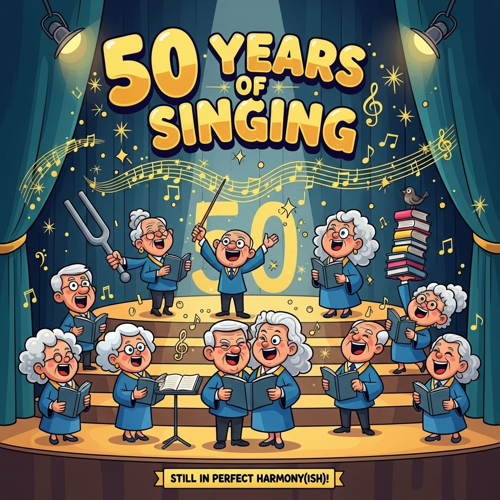 At the top of the Cartoon Style image, 50 years of choral singing 

A big, playful cartoon scene of a jubilant choir celebrating a golden anniversary: a diverse group of silver-haired singers in oversized, gold-trimmed robes arranged on curved risers that subtly form the number “50,” all mid-belt with huge open mouths, puffed cheeks, sparkling eyes, and whimsical, energetic poses. Exaggerated proportions and thick black outlines; bright saturated colors (gold, teal, magenta, sky blue). The central older couple share a music book, grinning and winking as a gleeful conductor in front flourishes an oversized baton. Musical notes and treble clefs swirl out like confetti; golden streamers and glittery sparks float through the air. Comedic touches: one singer brandishes an absurdly giant tuning fork; another balances a wobbly stack of hymnals; a tiny bird perched on a music stand chirps along. Warm stage lights and a rich teal curtain backdrop, with a gentle spotlight on the couple. Bold, high-contrast cartoon shading with soft drop shadows and glossy highlights. Vertical composition with roomy sky area for the headline and a tidy space near the bottom for a small caption. Render the headline in big, bouncy, hand-lettered gold type with thick black outlines and subtle sparkle.

At the bottom, add a small playful banner with one short line of text: Still in perfect harmony(ish)!
Generated with these themes: Singing in a choir , and .
Made with ❤️ by AI.